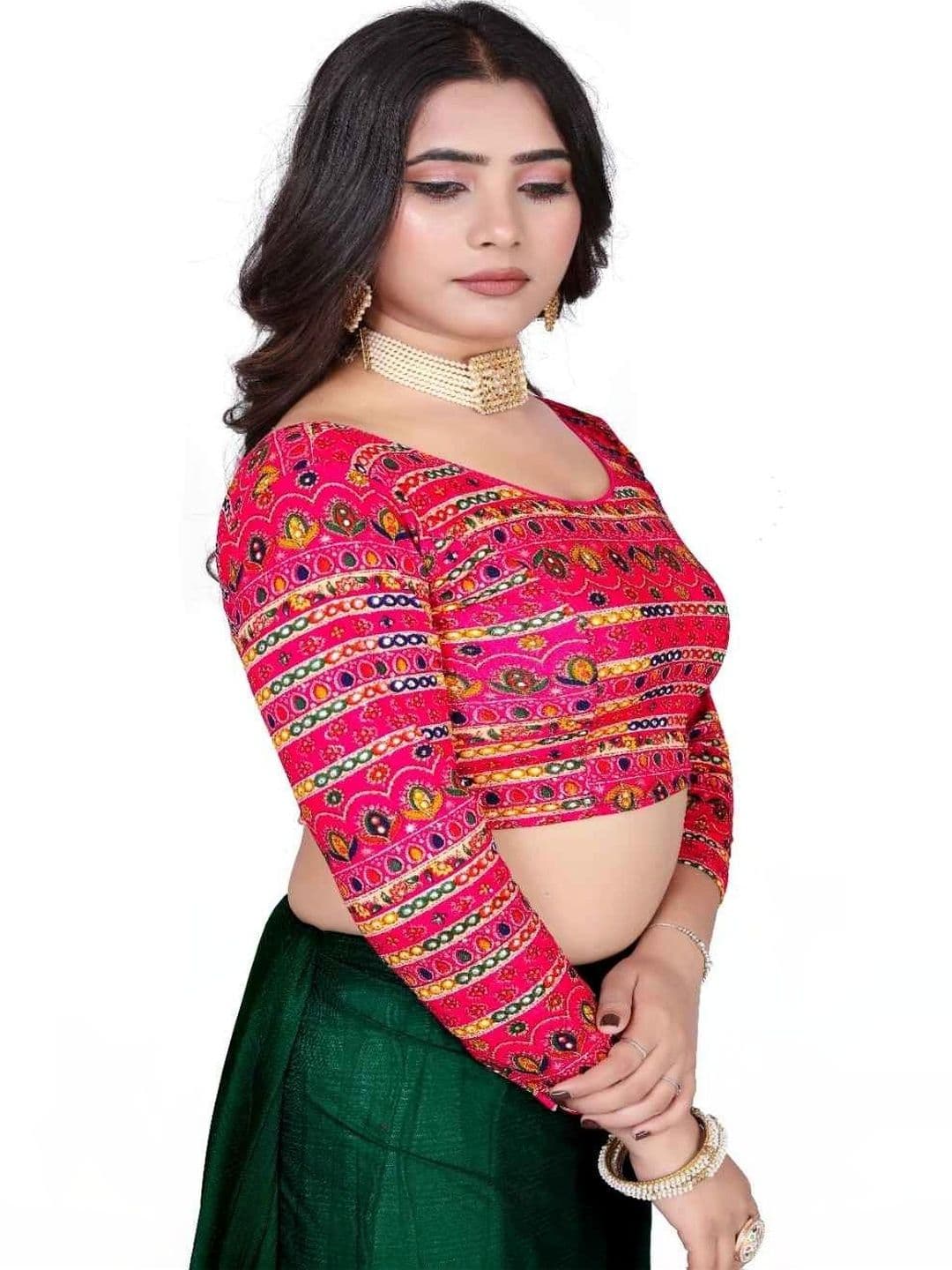 MPRAVEEN Women Pack of 2 Cotton Embellished Mirror Work Saree Blouse thumbnail 6