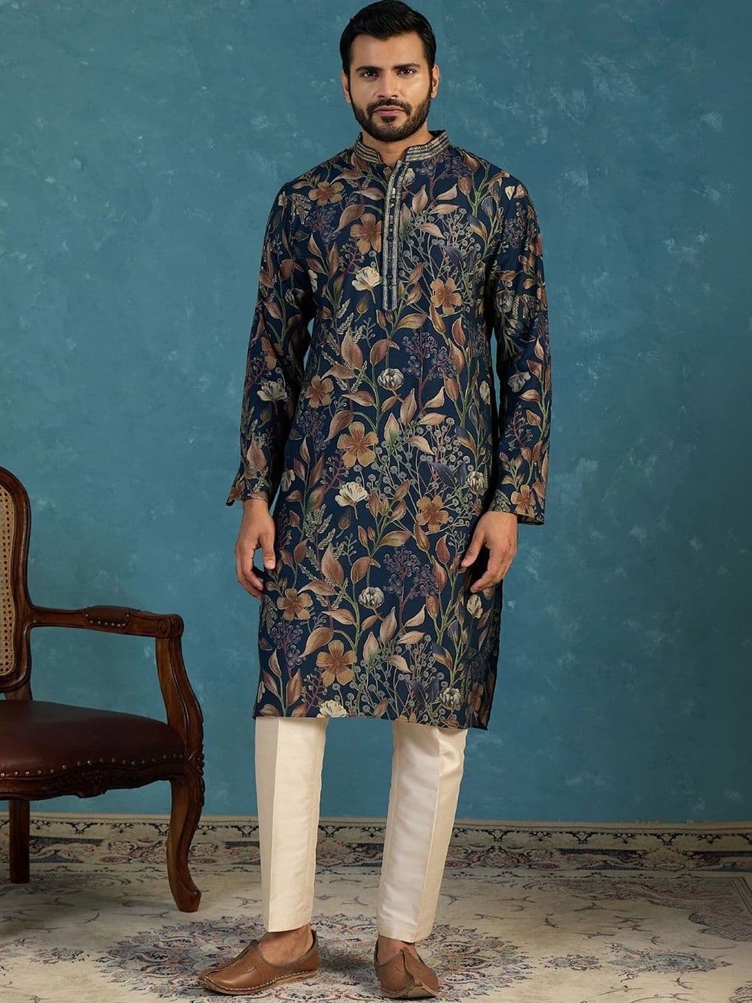 House of Pataudi Men Floral Printed Thread Work Floral Kurta thumbnail 5