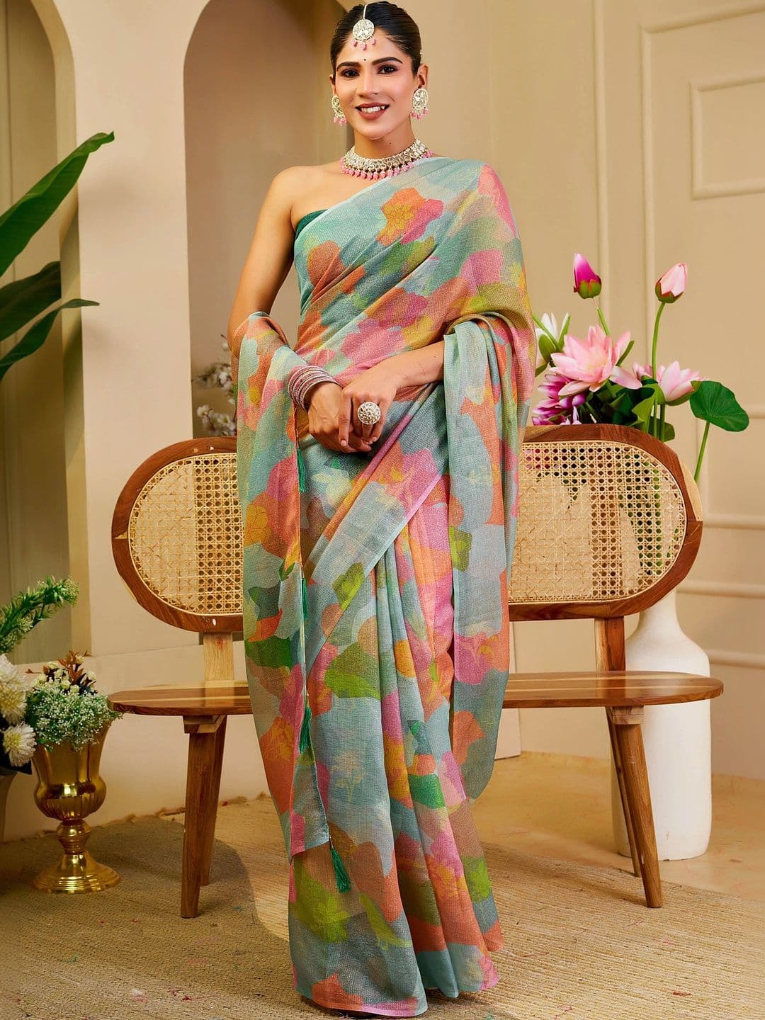 HERE&NOW Women Floral Silk Cotton Handloom Saree thumbnail 4