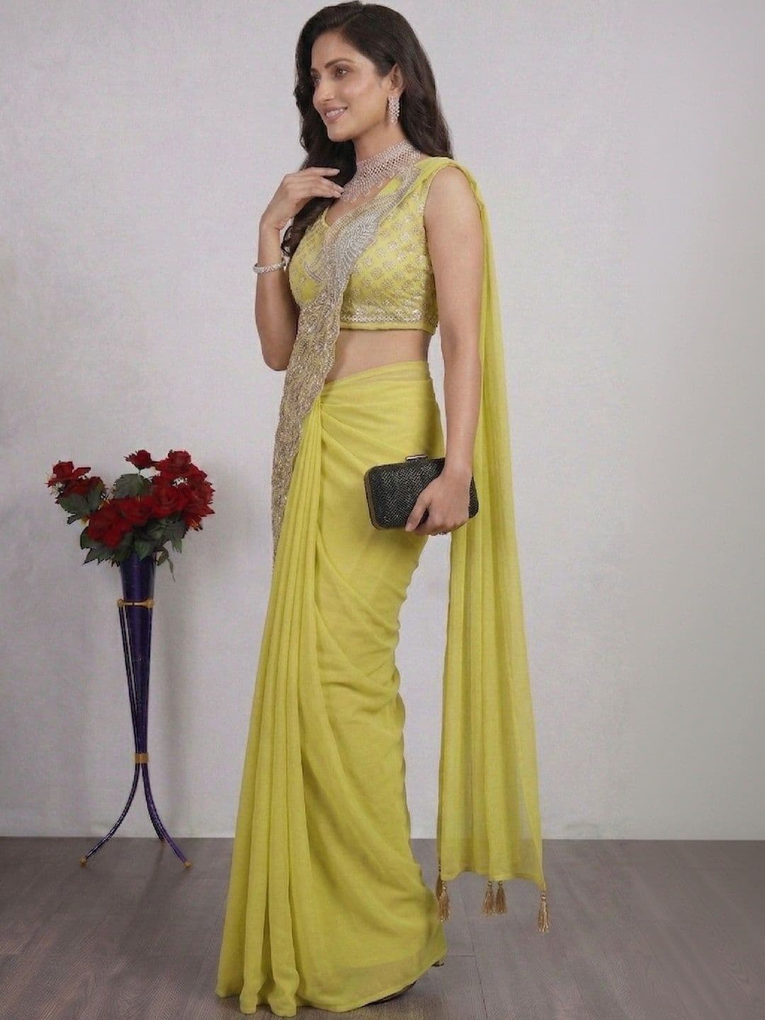 SmileyFashion Embellished Embroidered Pure Georgette Designer Saree thumbnail 2