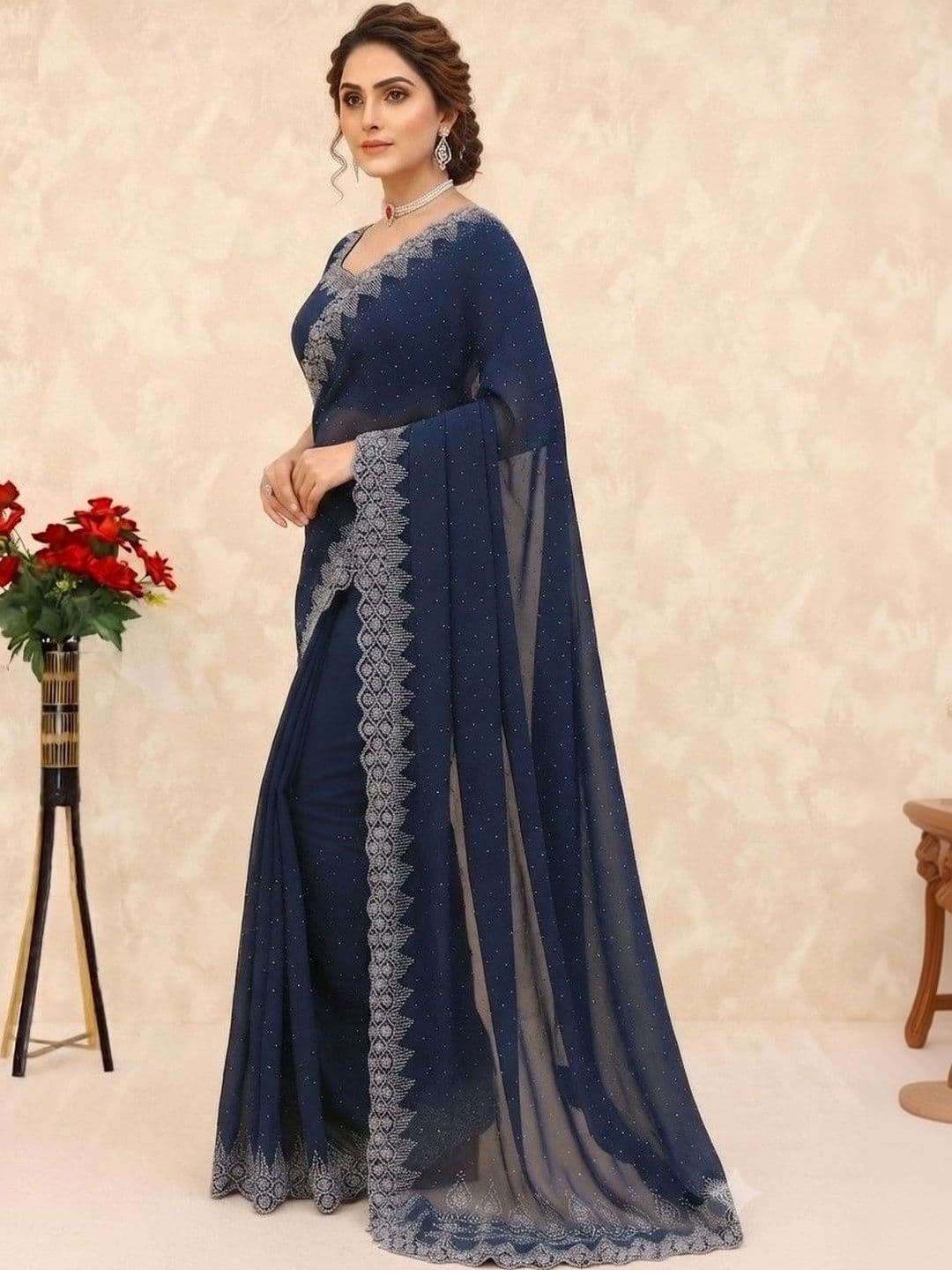 SmileyFashion Embellished Pure Georgette Saree thumbnail 2