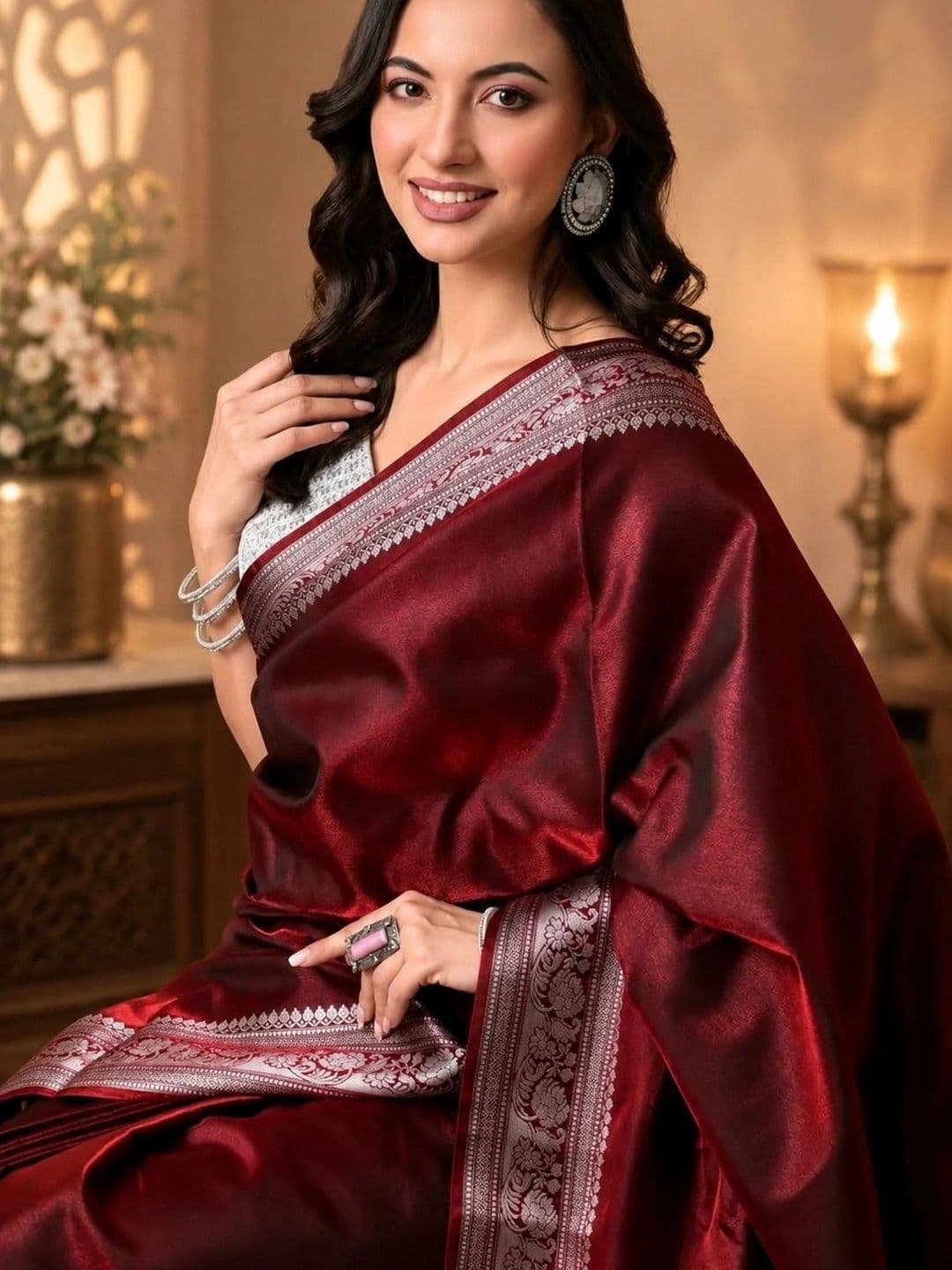 STYLISH SAREES Zari Satin Banarasi Saree thumbnail 2