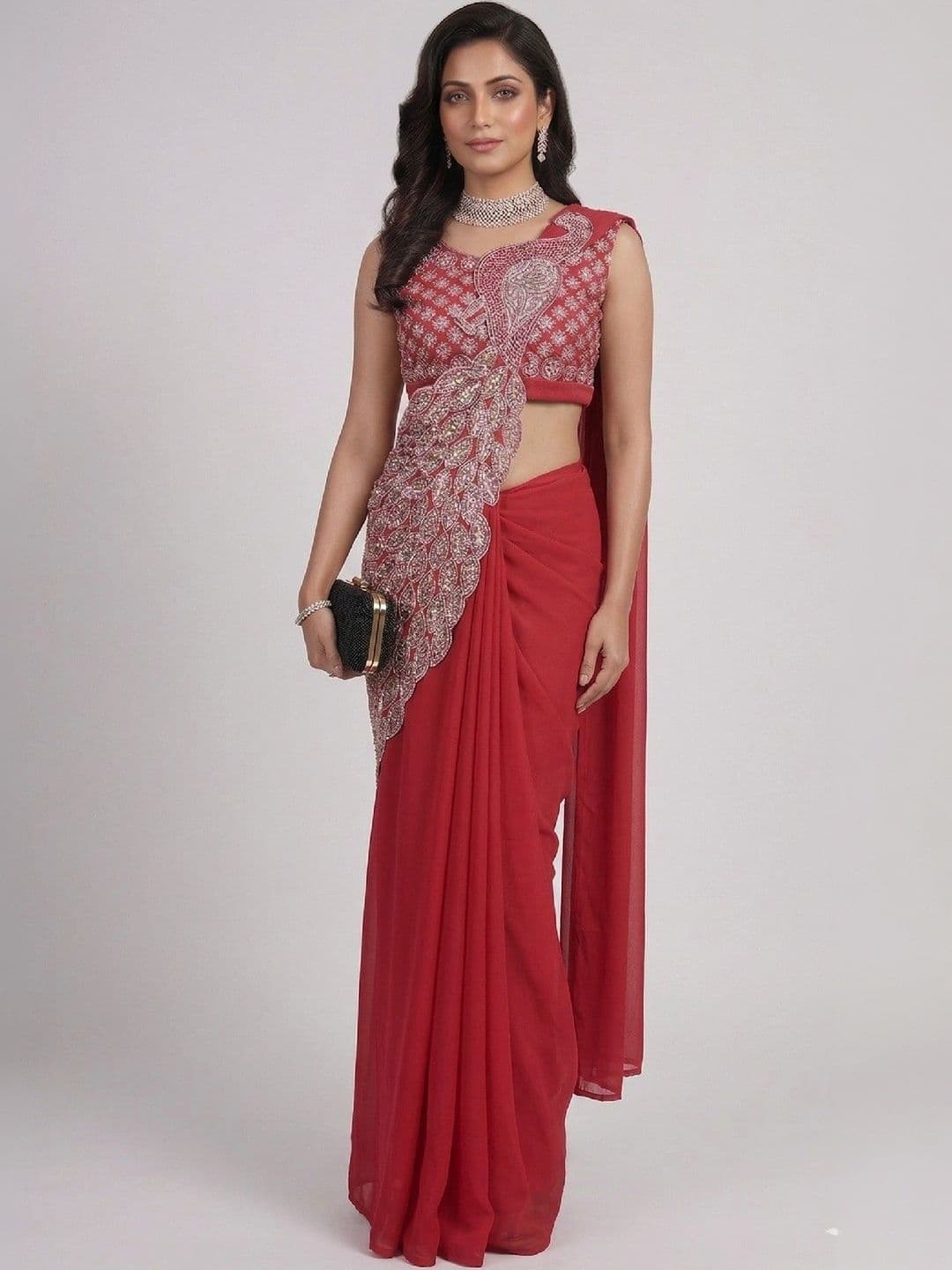 SmileyFashion Embellished Embroidered Pure Georgette Designer Saree - view 1