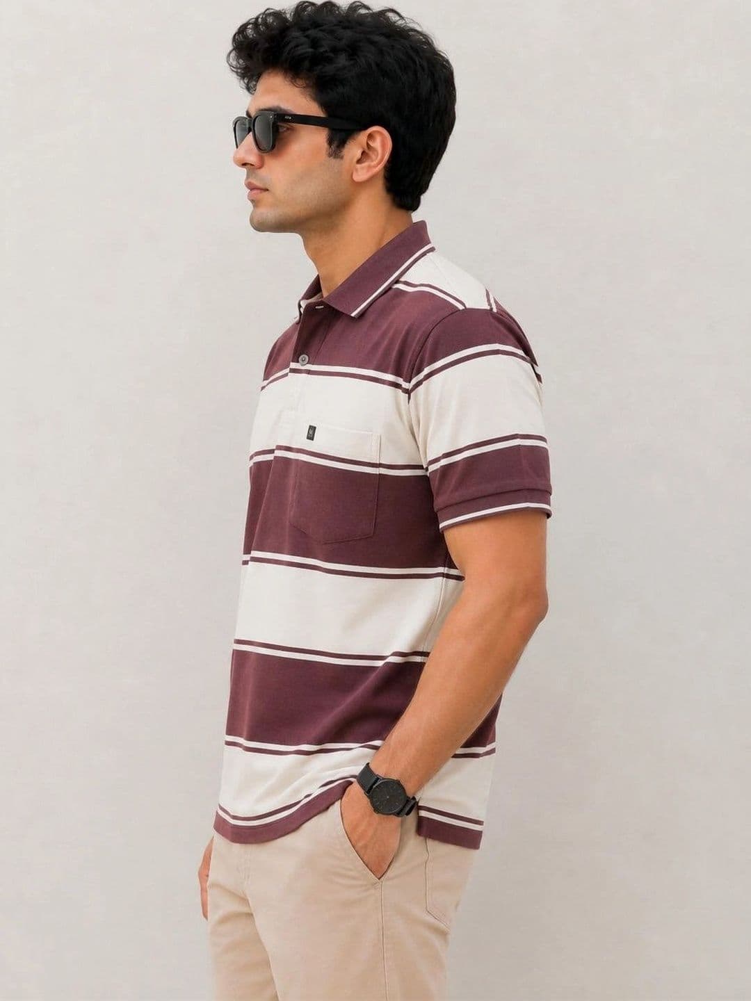 MNO Men Striped Polo Collar Pockets T-shirt thumbnail 3