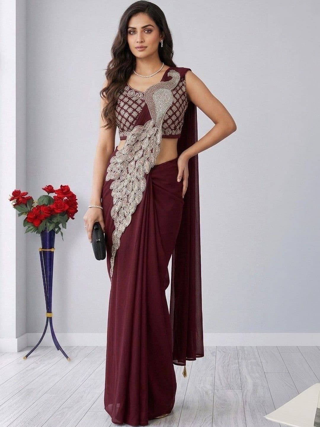 SmileyFashion Embellished Embroidered Pure Georgette Designer Saree thumbnail 3
