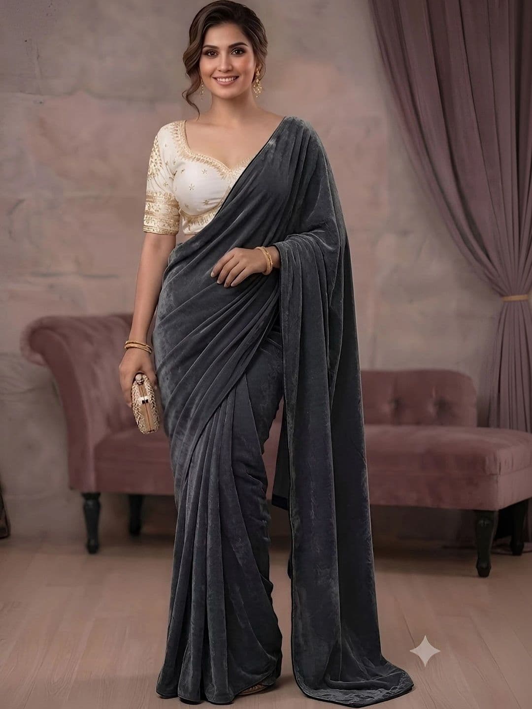 VRAGI Embroidered Lycra Saree thumbnail 4