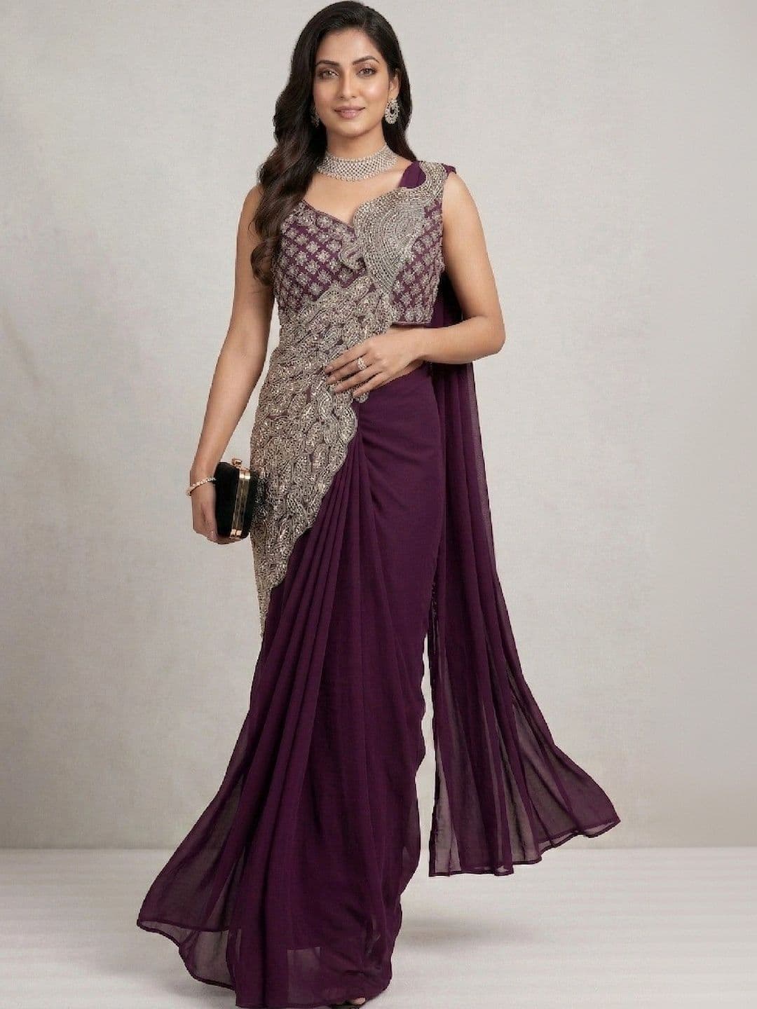 SmileyFashion Embellished Embroidered Pure Georgette Designer Saree - view 1