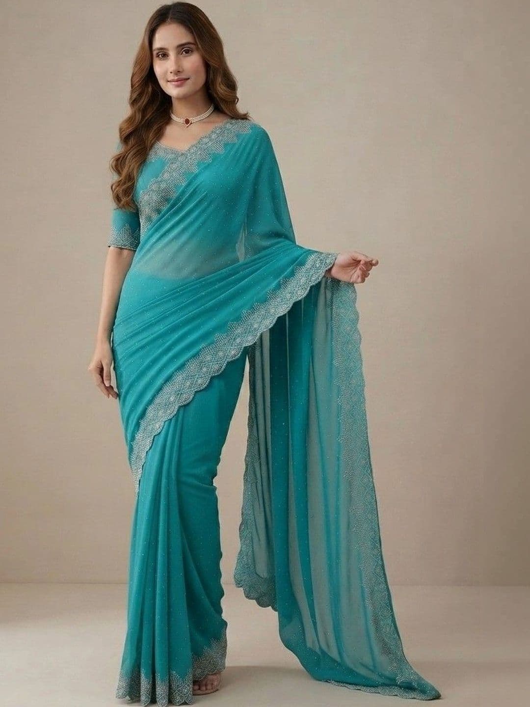 SmileyFashion Embellished Pure Georgette Saree - view 1