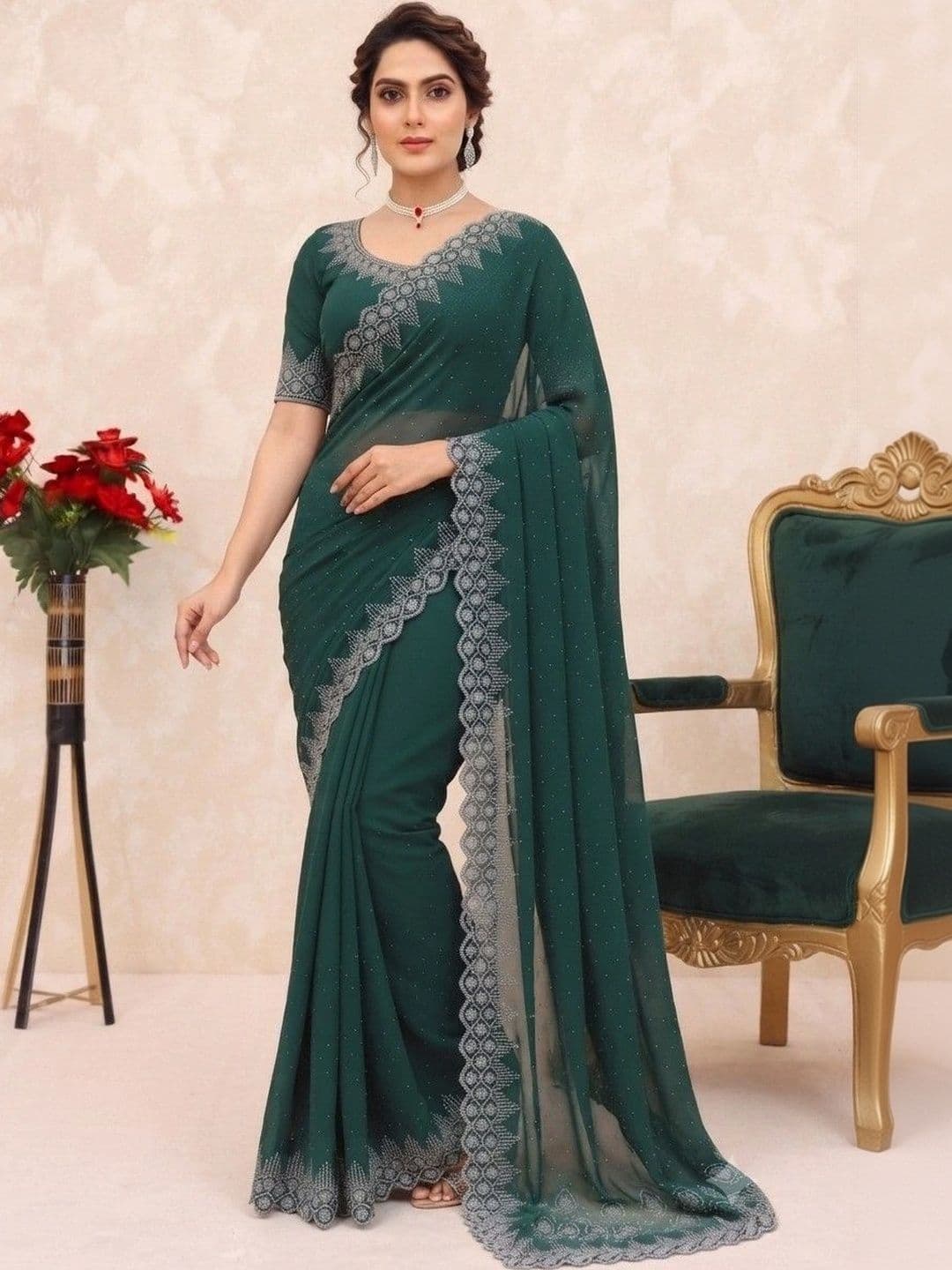 SmileyFashion Embellished Pure Georgette Saree thumbnail 6