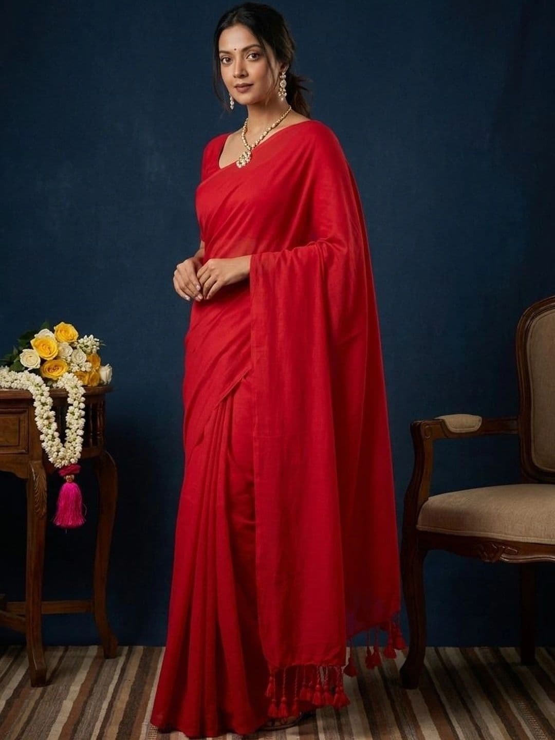 ADUKIAZ Women Pure Cotton Red Saree with Tassels thumbnail 3