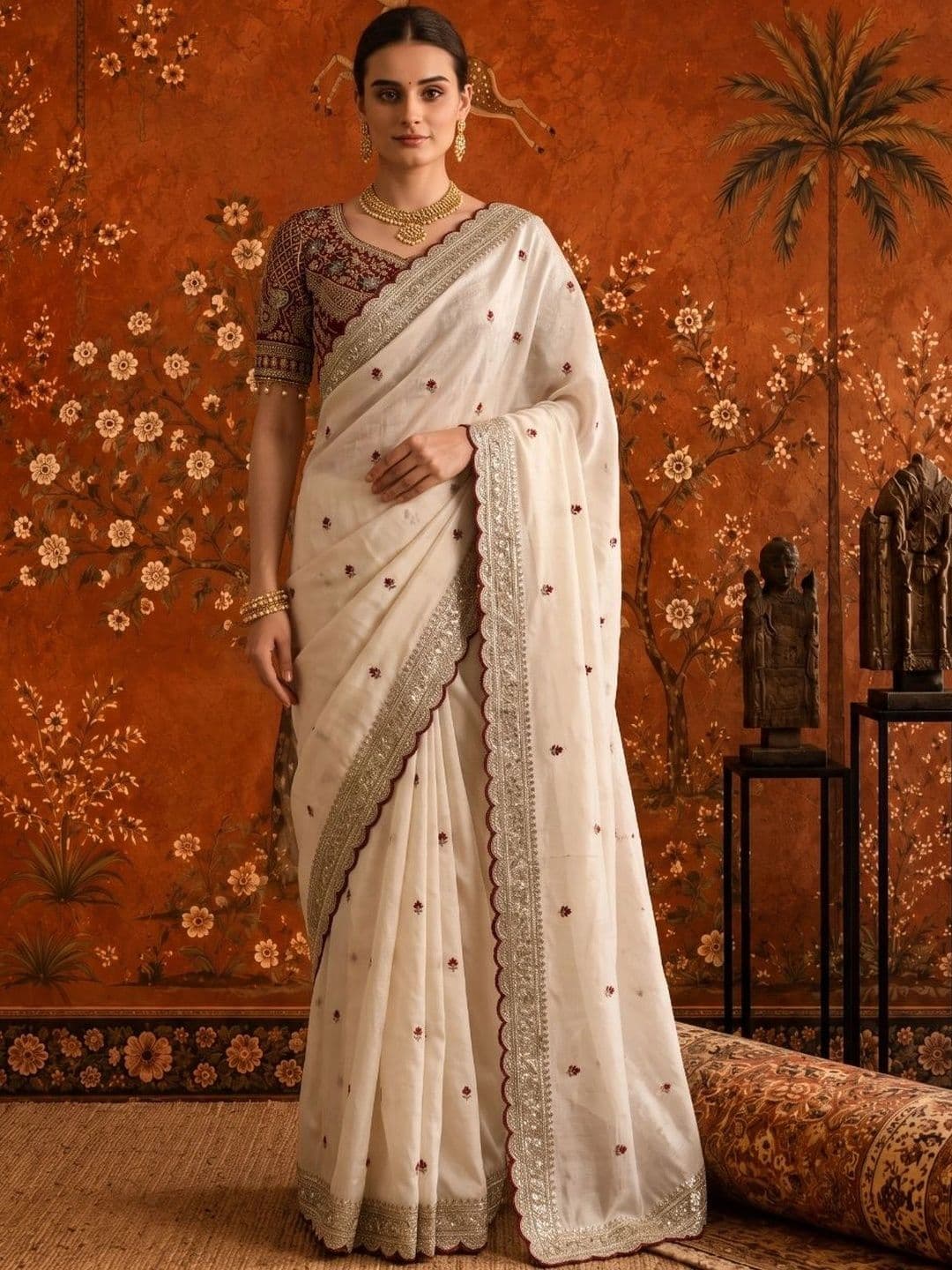Sangria Embellished Embroidered Satin Saree thumbnail 6
