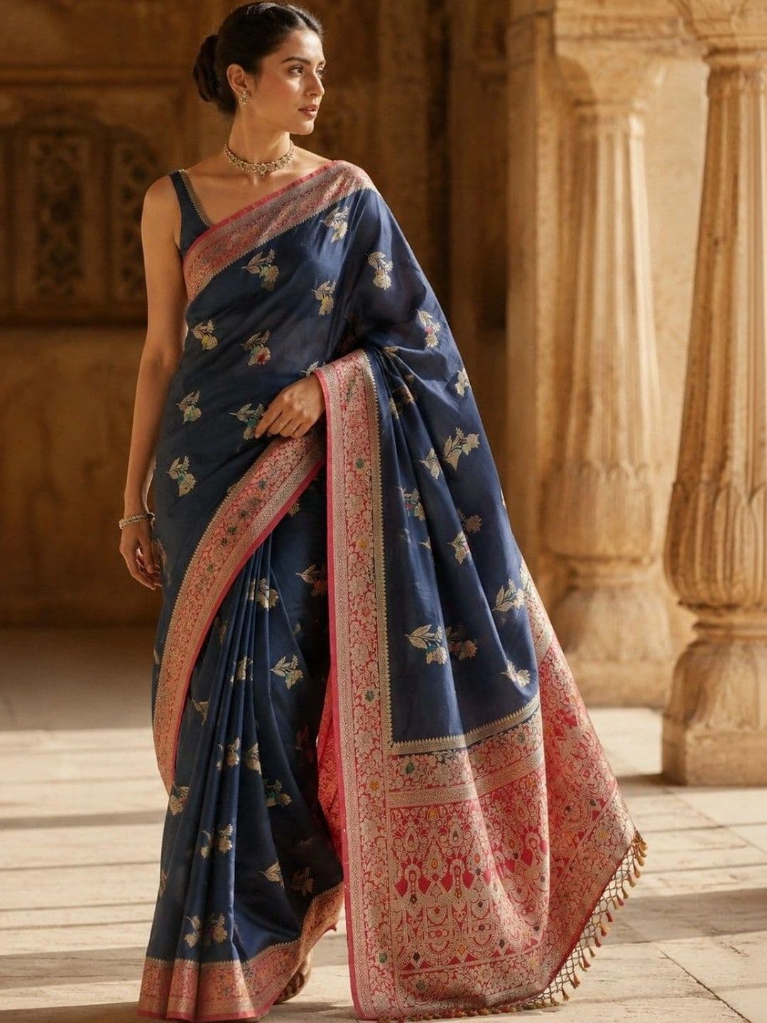 House of Neyvara Woven Design Zari Silk Blend Banarasi Saree thumbnail 4