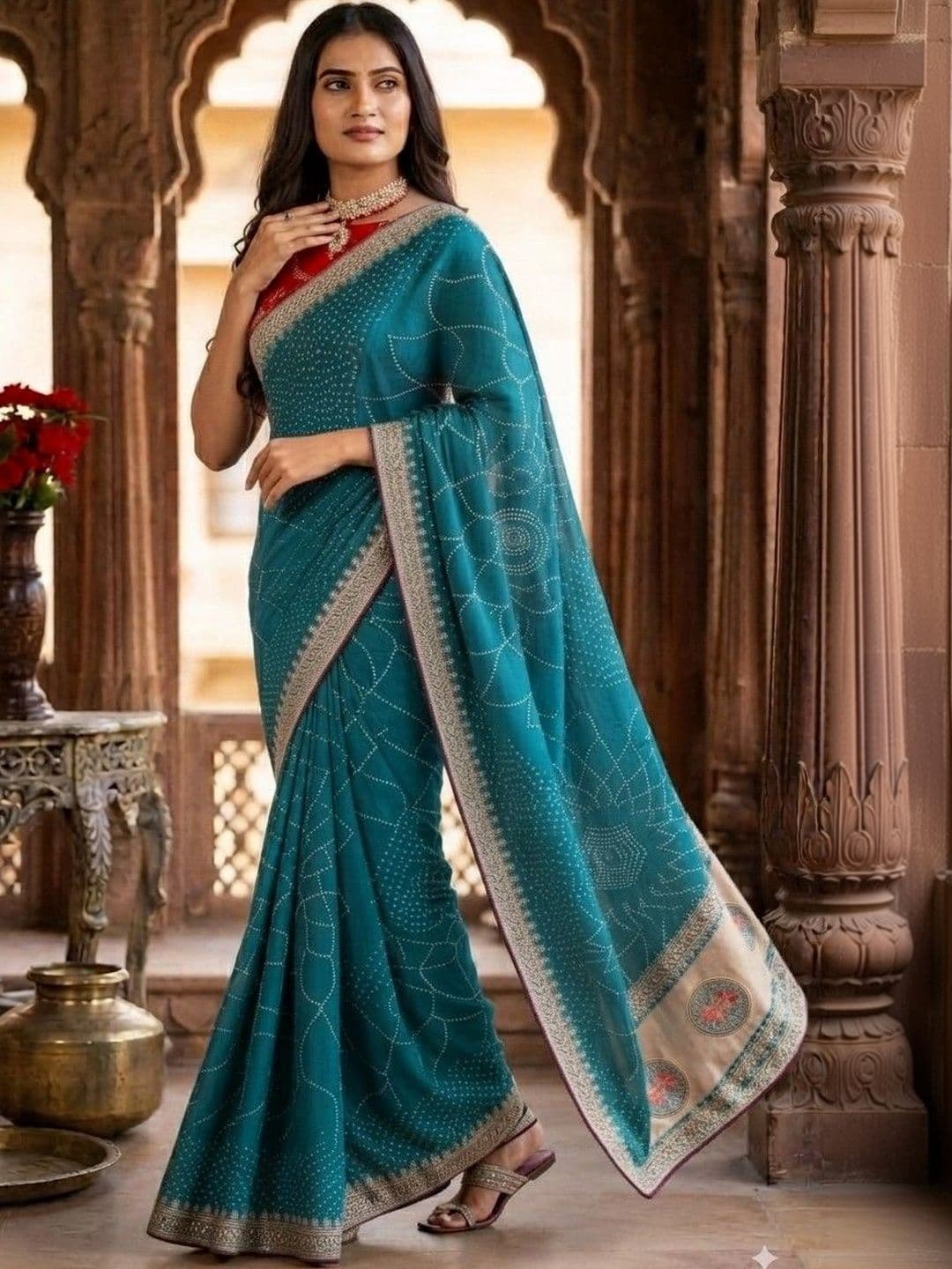 SmileyFashion Bandhani Embroidered Art Silk Designer Saree - view 1