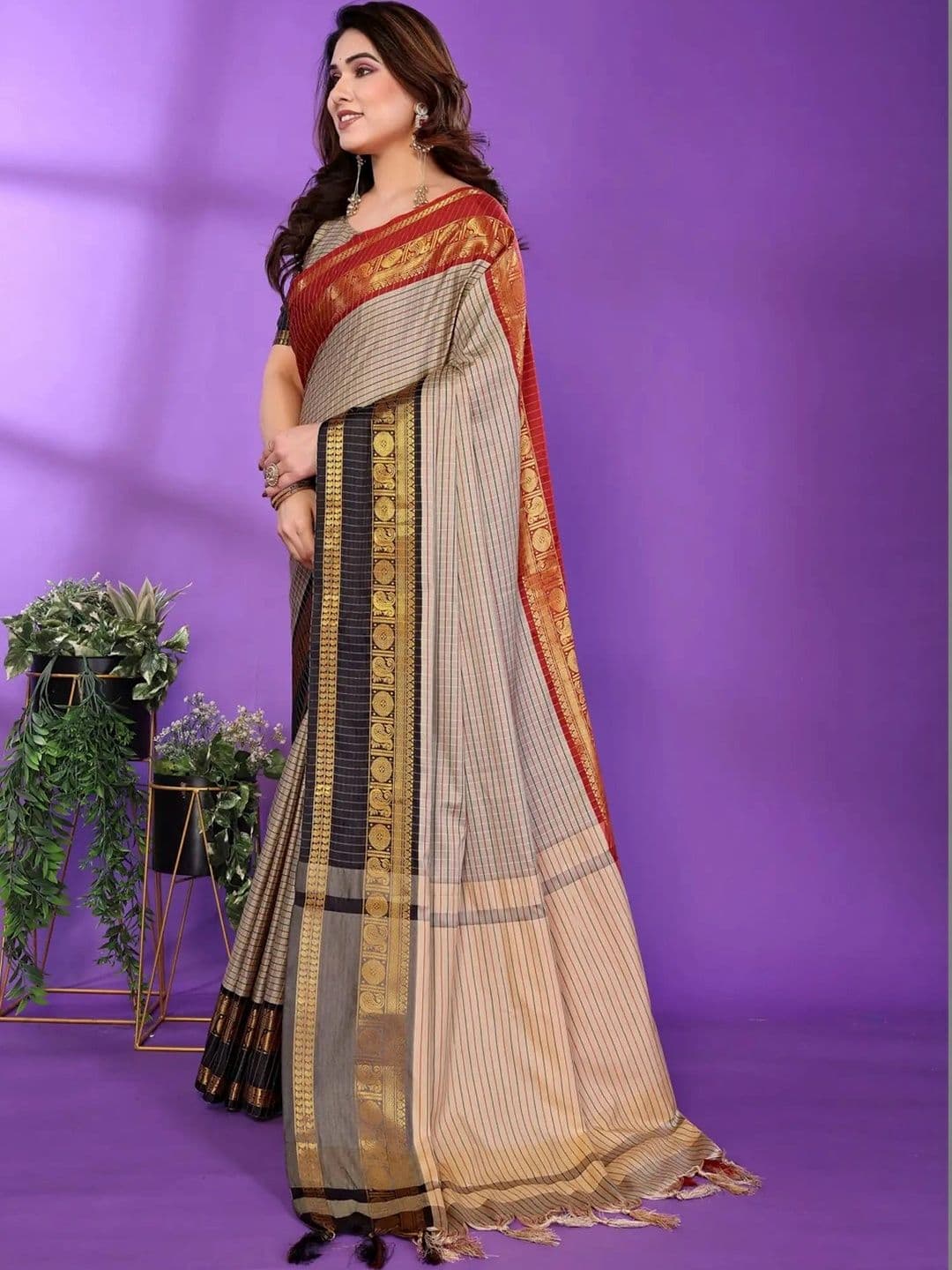 all about you Checked Zari Silk Blend Designer Saree thumbnail 2