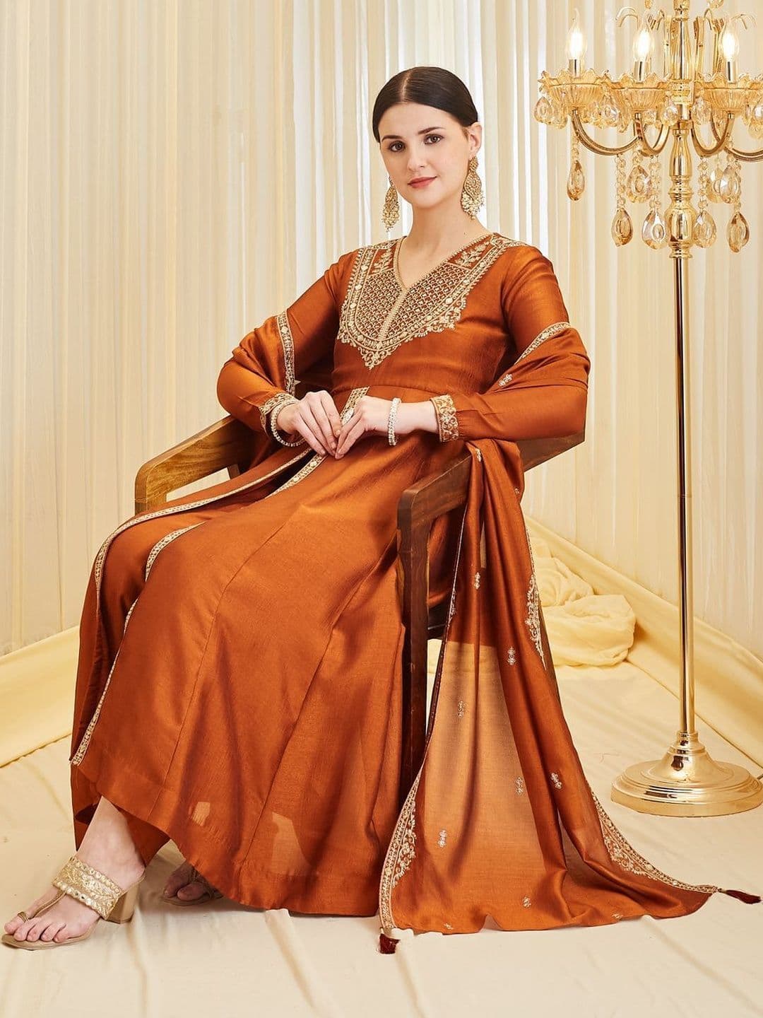 Colors  of Earth Colors of Earth Silk Embroidered Anarkali Kurta And Palazzo Set With Dupatta thumbnail 2