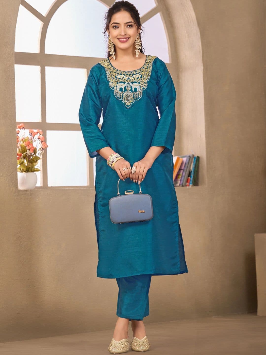 Sangria Floral Embroidered Tunic with Trousers - view 1