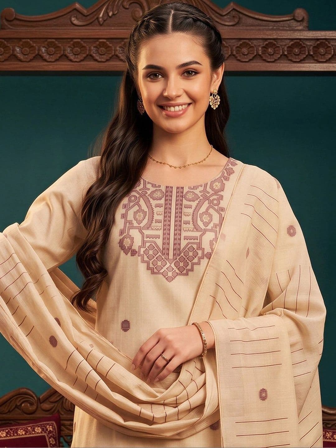 Indo Era Women Ethnic Motifs Embroidered Regular Thread Work Chanderi Silk Kurta with Trousers & With Dupatta thumbnail 5