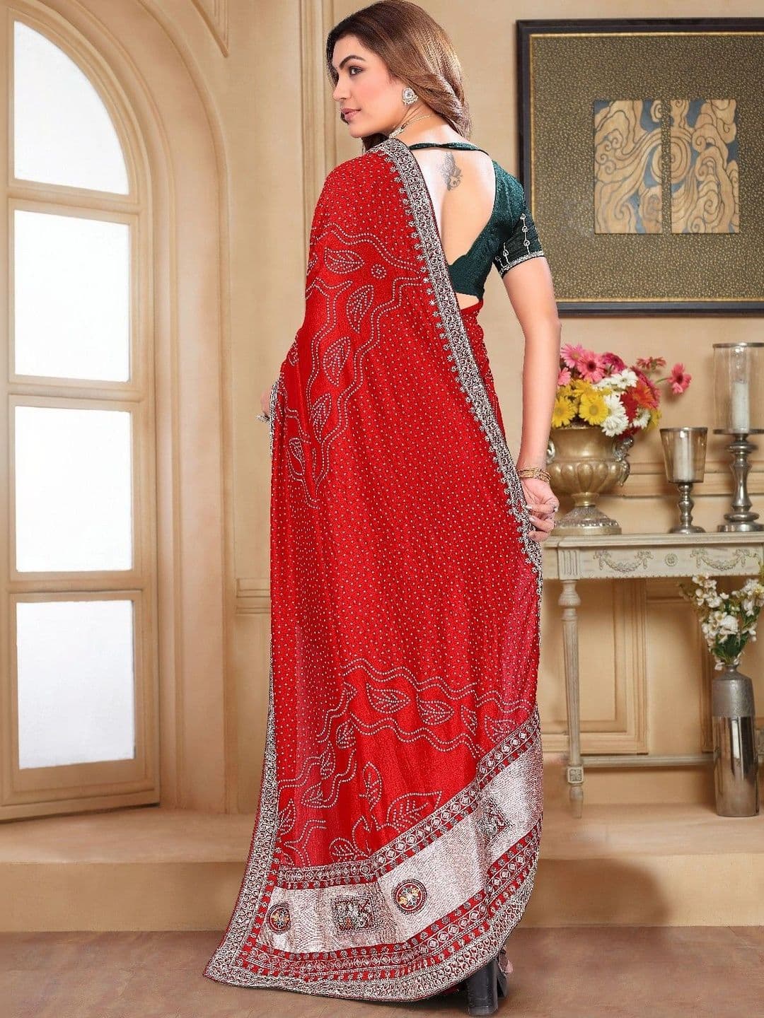 SmileyFashion Bandhani Embroidered Art Silk Designer Saree thumbnail 5