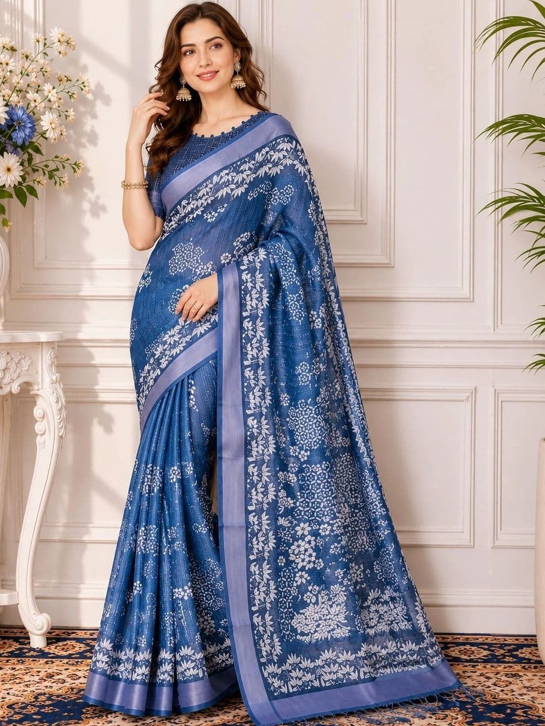 V3 FASHION STUDIO Floral Zari Linen Blend Block Print Saree thumbnail 5