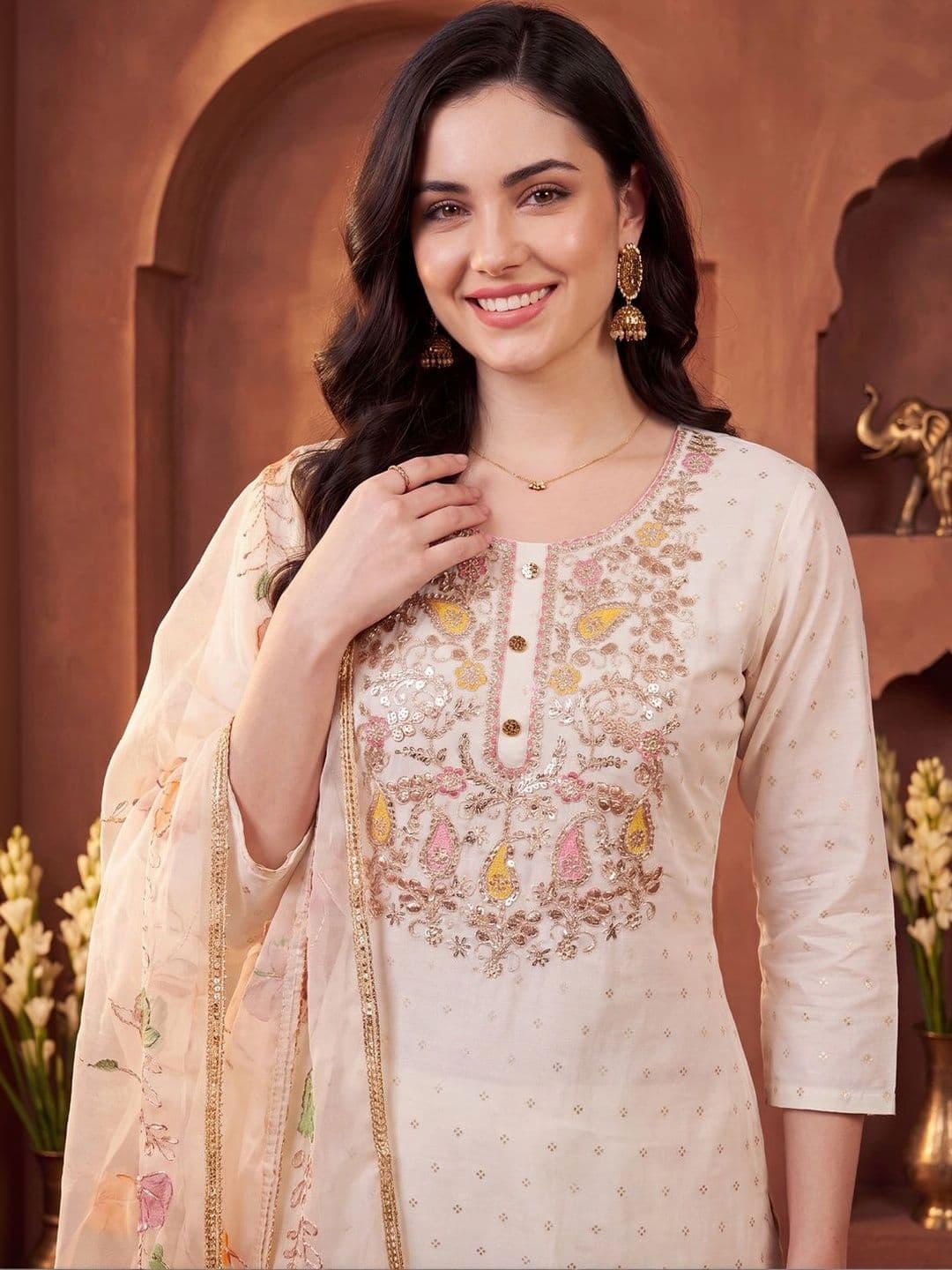Indo Era Women Ethnic Motifs Embroidered Regular Sequinned Kurta with Trousers & With Dupatta thumbnail 2