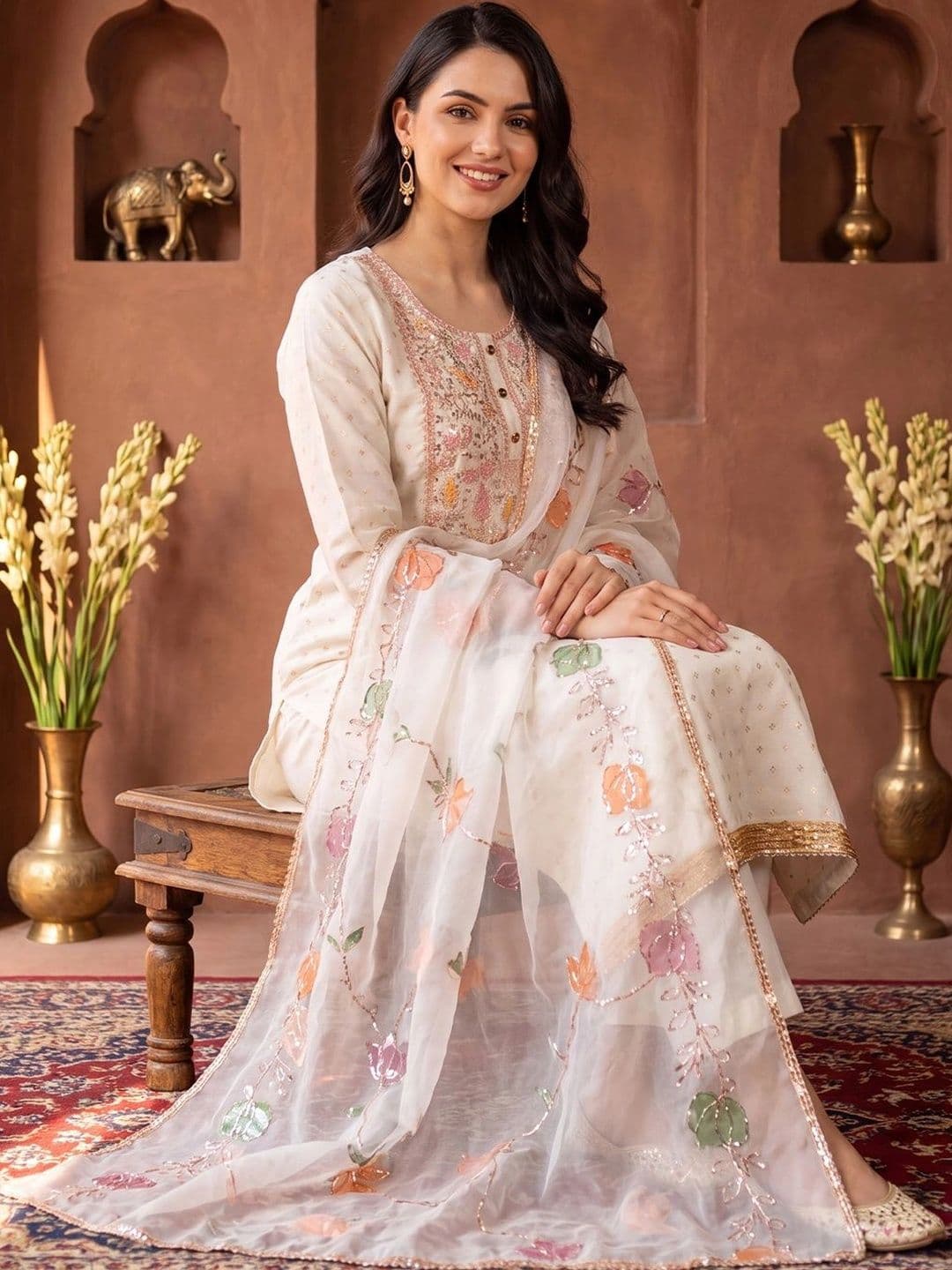 Indo Era Women Ethnic Motifs Embroidered Regular Sequinned Kurta with Trousers & With Dupatta thumbnail 3