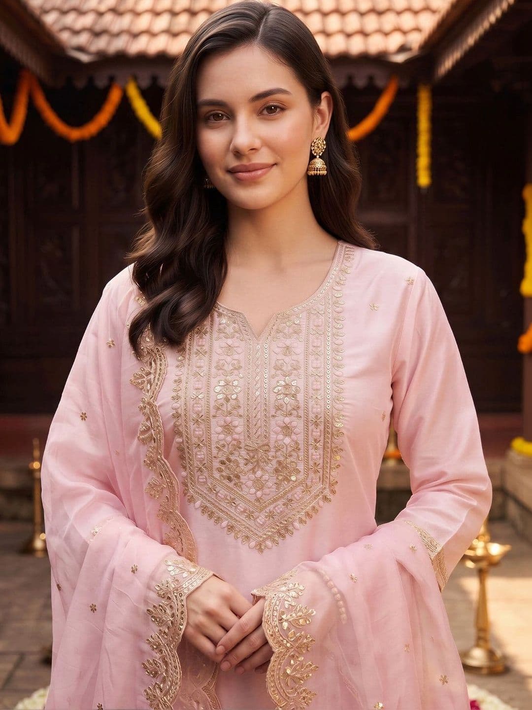 Indo Era Women Ethnic Motifs Embroidered Regular Thread Work Kurta with Trousers & With Dupatta thumbnail 4