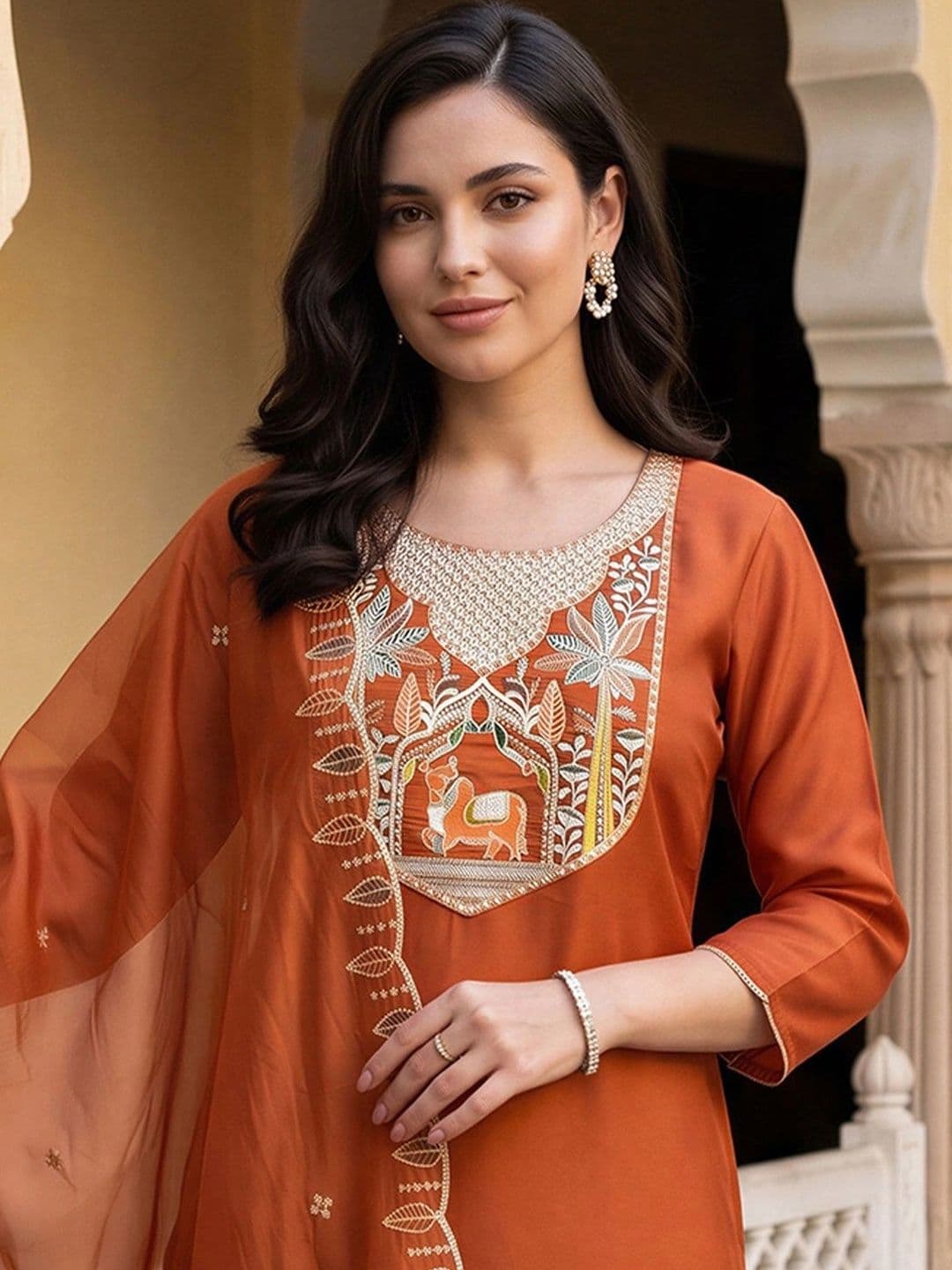 Indo Era Women Ethnic Motifs Embroidered Regular Thread Work Kurta with Trousers & With Dupatta thumbnail 4