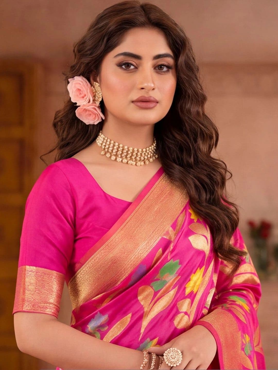 Jaipur Kurti  Women Floral Zari Silk Cotton Fusion Banarasi Saree thumbnail 2