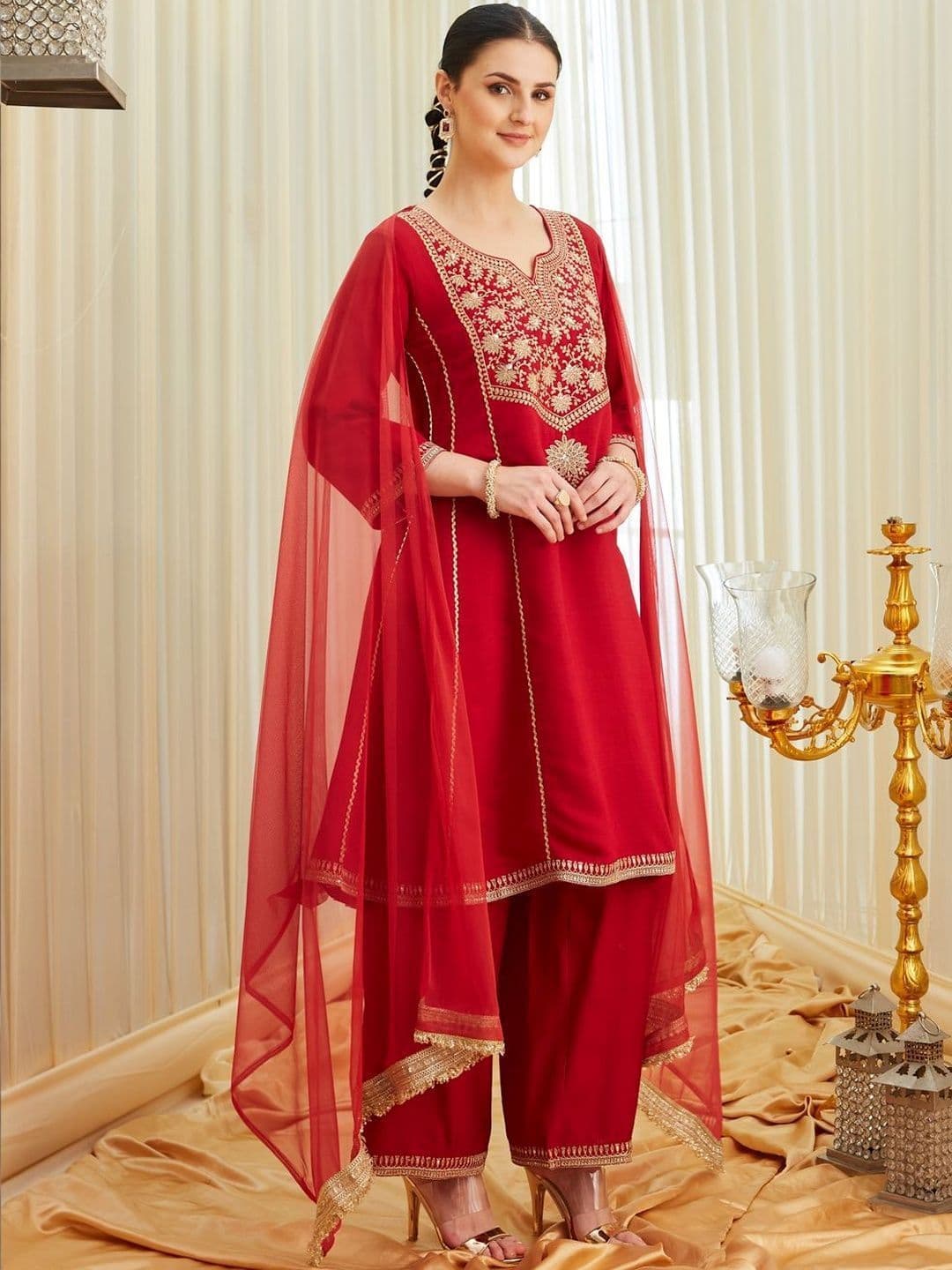 Colors  of Earth Colors of Earth Silk Embroidered Anarkali Kurta And Palazzo Set With Dupatta thumbnail 4