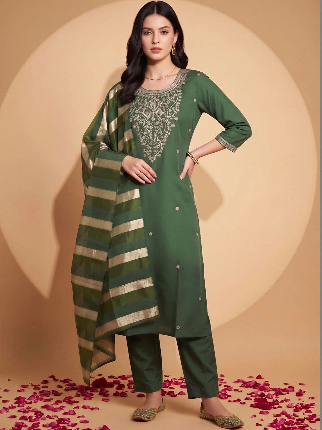 Indo Era Women Ethnic Motifs Embroidered Regular Thread Work Kurta with Trousers & With Dupatta - view 1