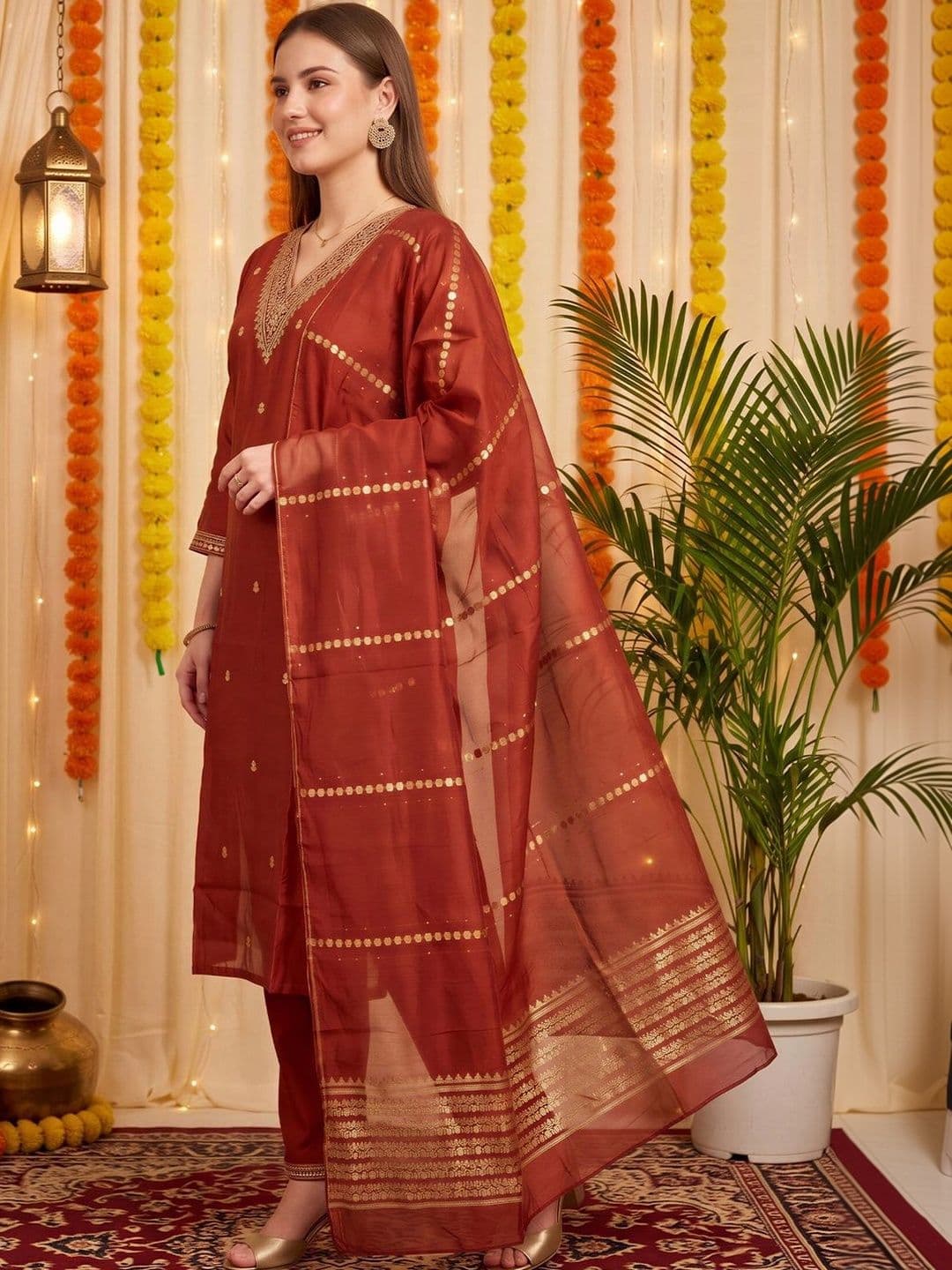 Indo Era Women Ethnic Motifs Embroidered Regular Kurta with Trousers & With Dupatta thumbnail 5