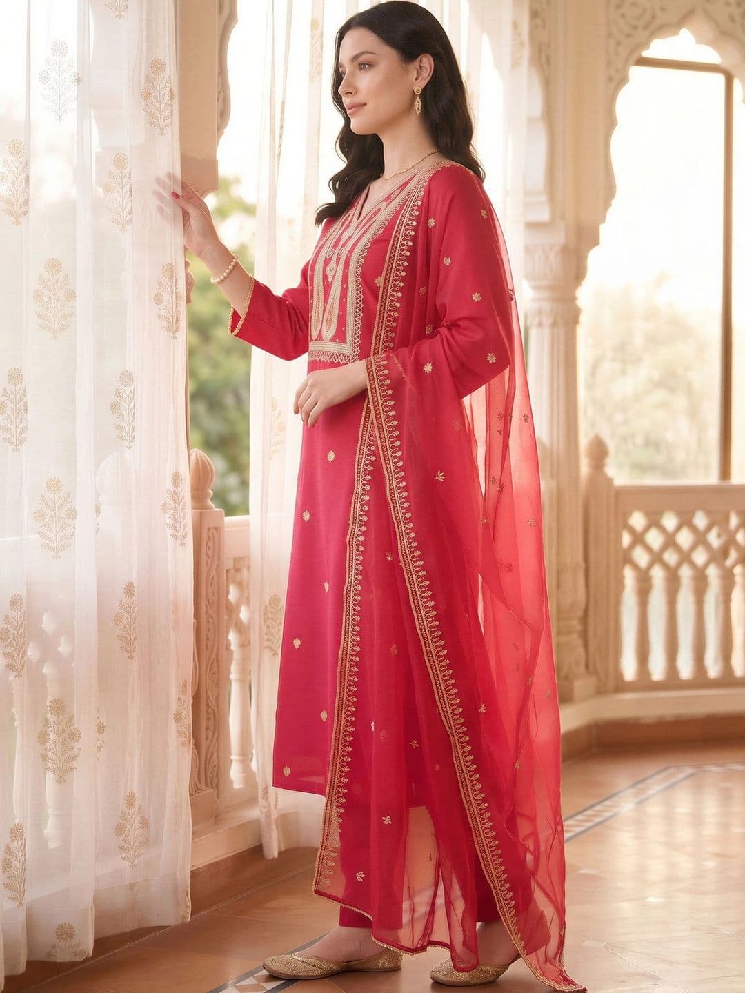 Indo Era Women Ethnic Motifs Embroidered Regular Liva Kurta with Trousers & With Dupatta thumbnail 2