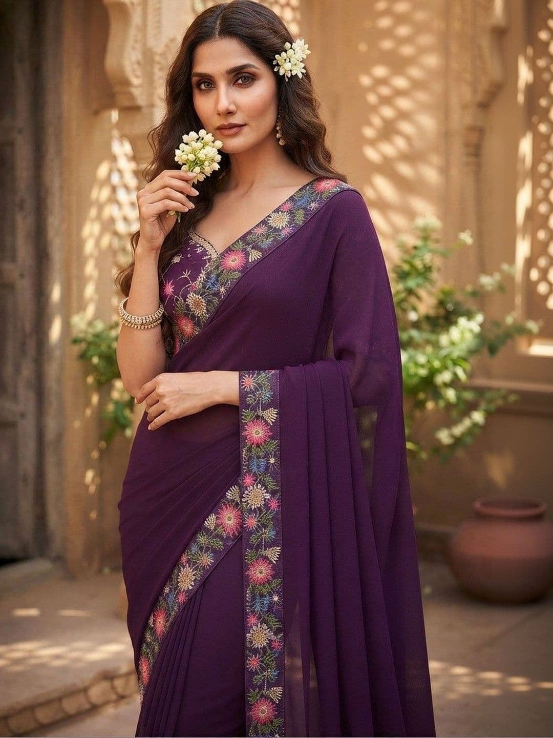 SmileyFashion Floral Embroidered Art Silk Saree thumbnail 5