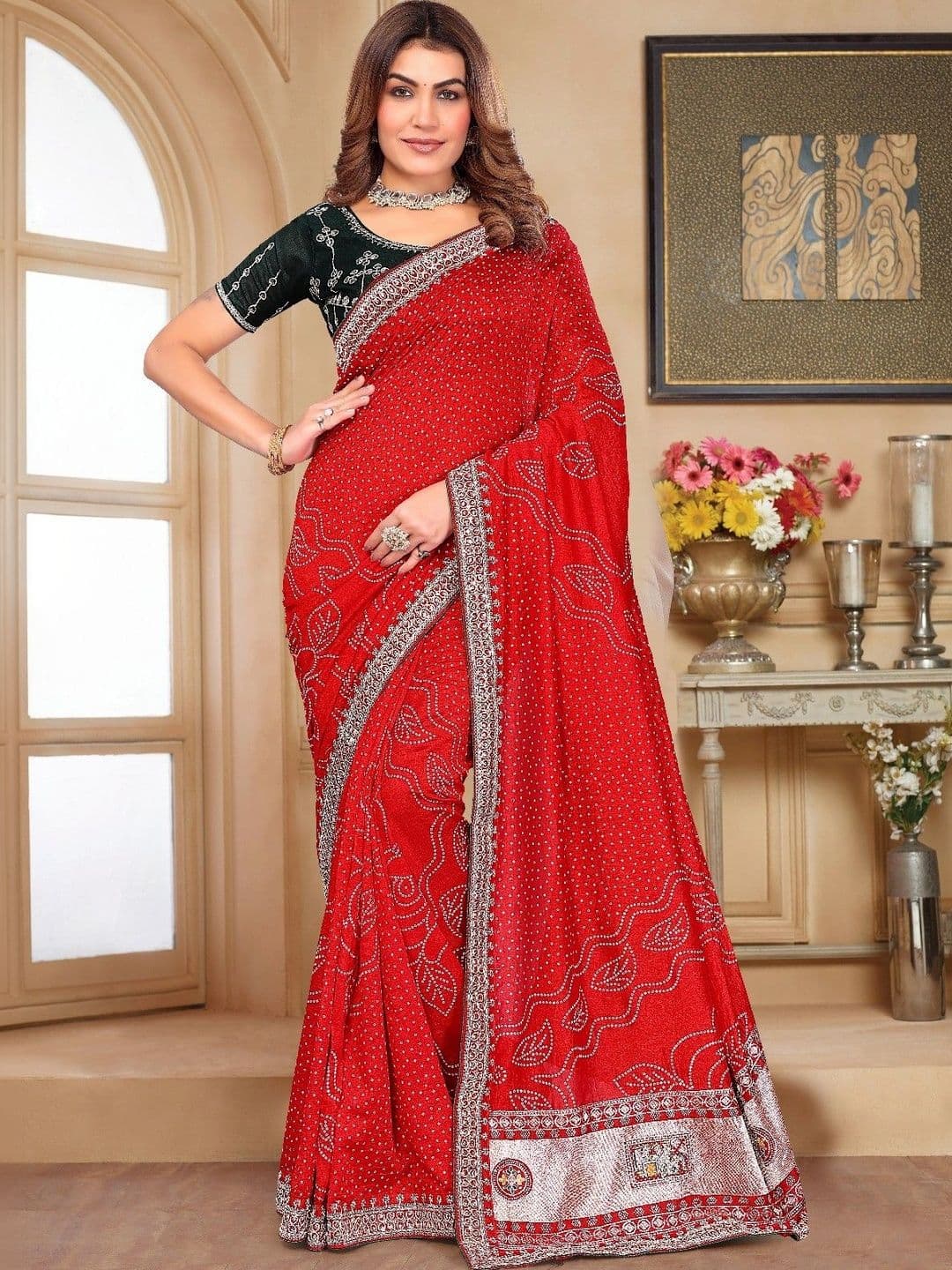 SmileyFashion Bandhani Embroidered Art Silk Designer Saree - view 1