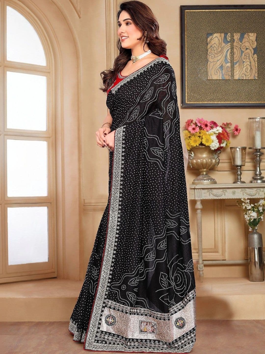 SmileyFashion Bandhani Embroidered Art Silk Designer Saree thumbnail 2