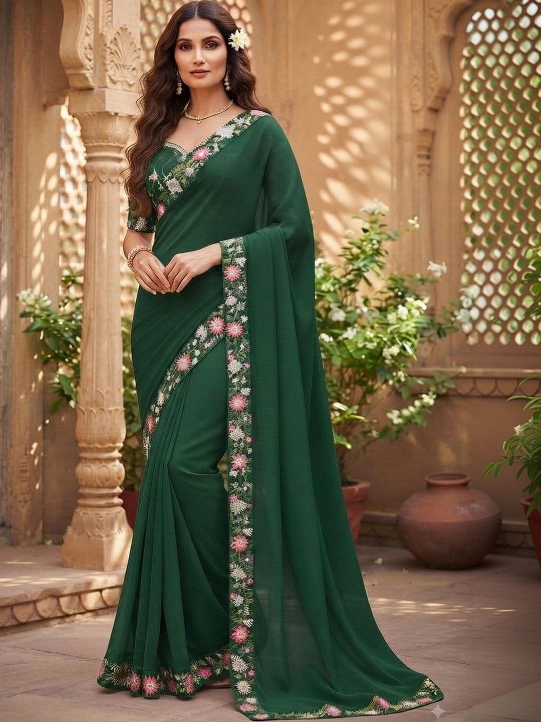 SmileyFashion Floral Art Silk Saree - view 1