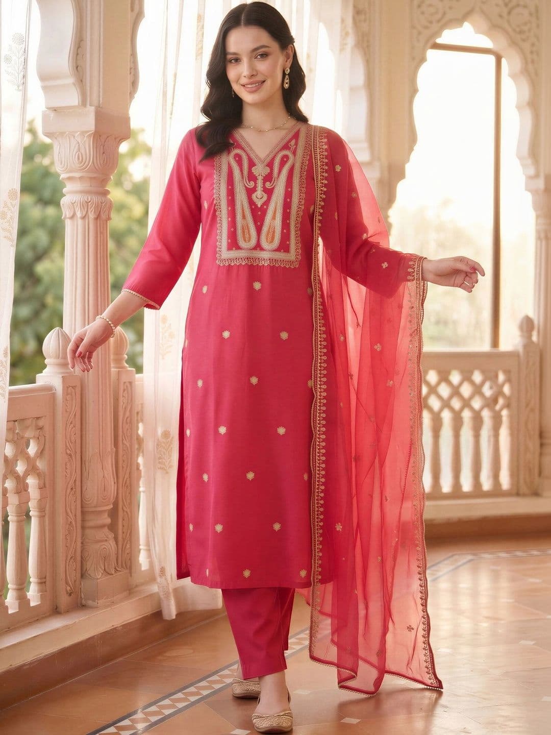 Indo Era Women Ethnic Motifs Embroidered Regular Liva Kurta with Trousers & With Dupatta thumbnail 4