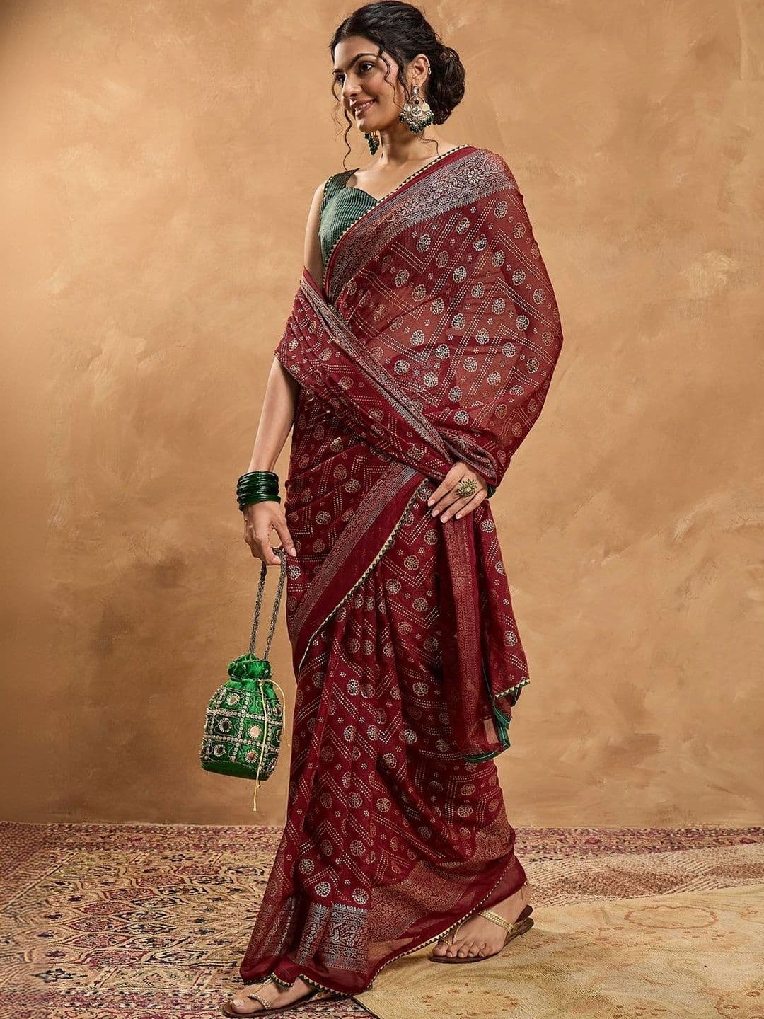 Sangria Embellished Gotta Patti Poly Chiffon Designer Bandhani Saree thumbnail 5