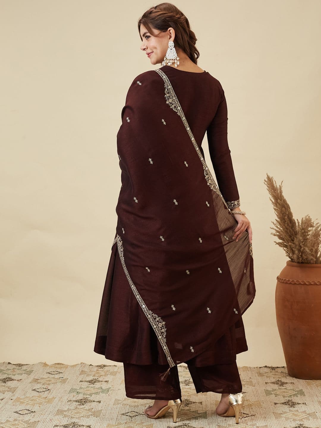 Colors  of Earth Colors of Earth Silk Embroidered Anarkali Kurta And Palazzo Set With Dupatta thumbnail 3