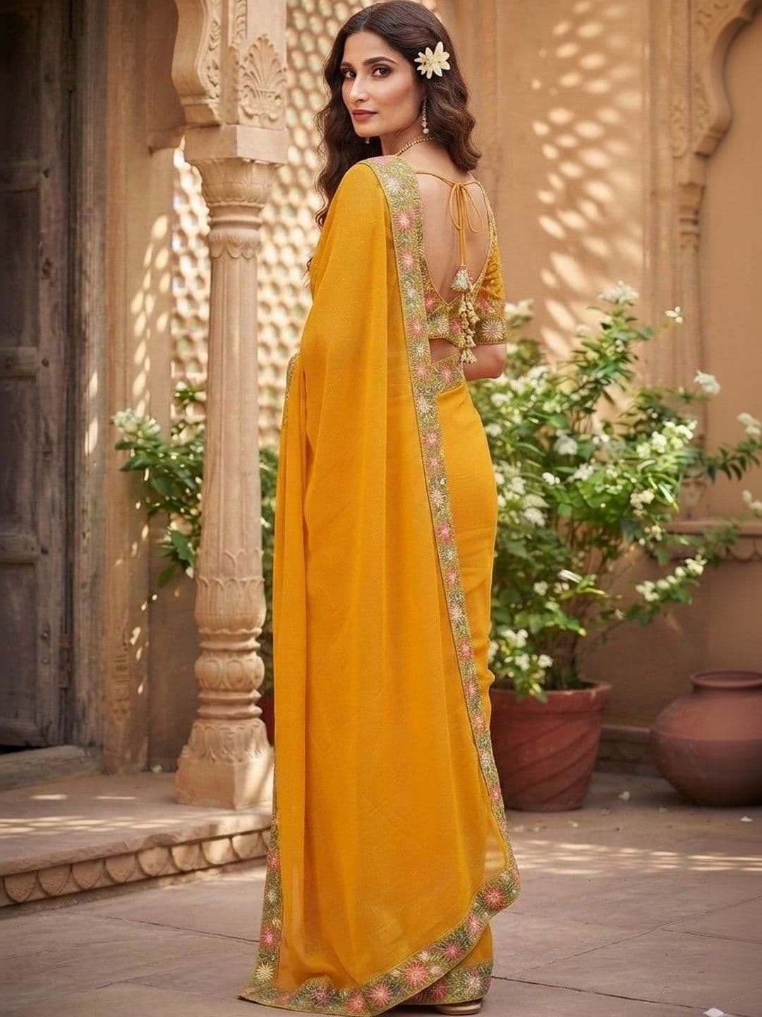 SmileyFashion Floral Embroidered Art Silk Saree thumbnail 4