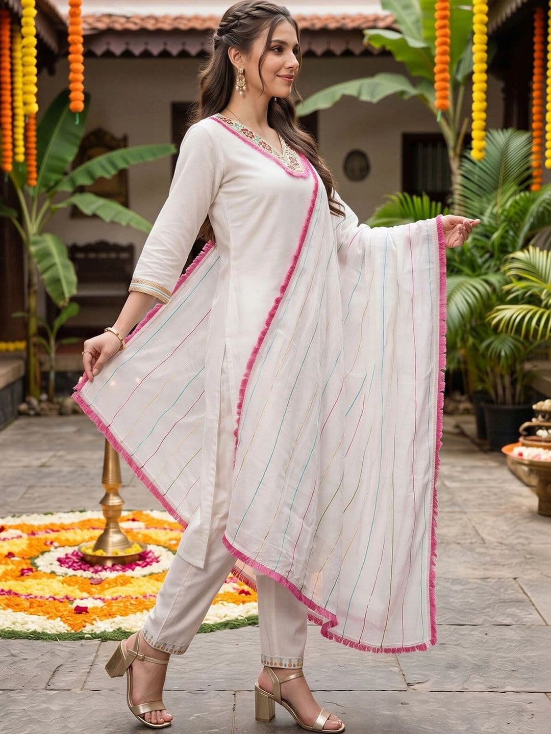 Indo Era Women Ethnic Motifs Embroidered Regular Thread Work Kurta with Trousers & With Dupatta thumbnail 4