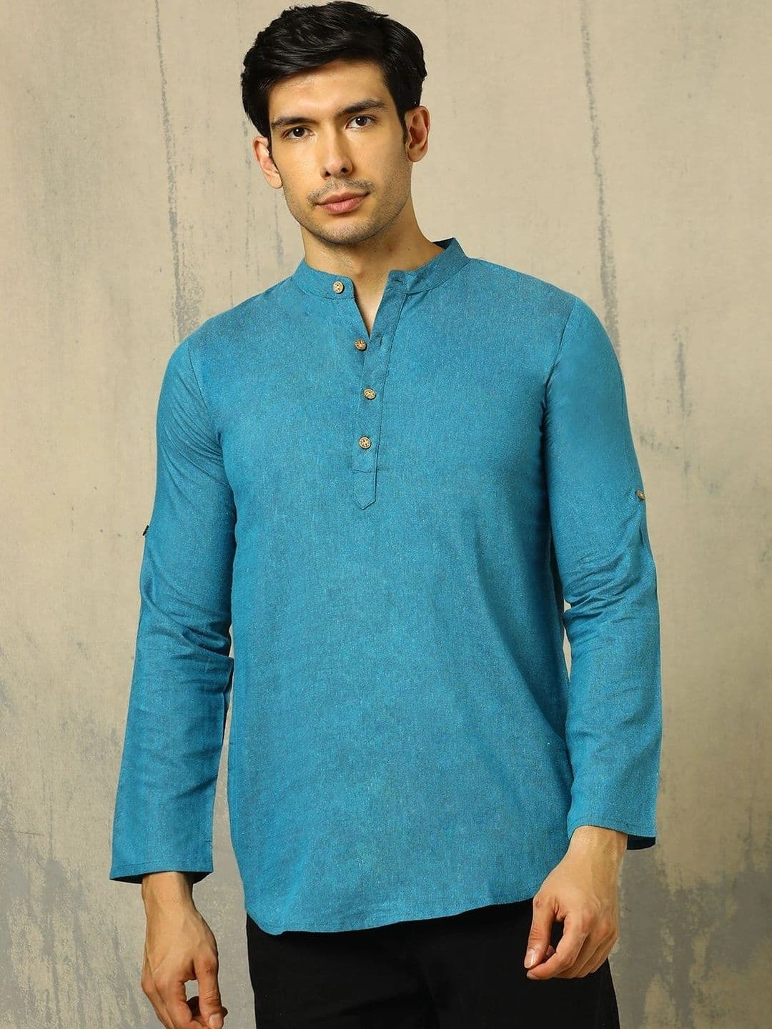 Anouk Woven Design Solid Cotton Handloom Mandarin Collar Short Kurta - view 1