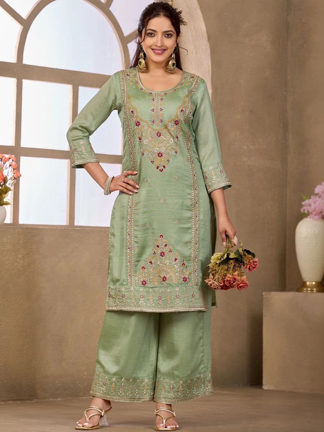 Sangria Embroidered Tunic with Palazzos - view 1