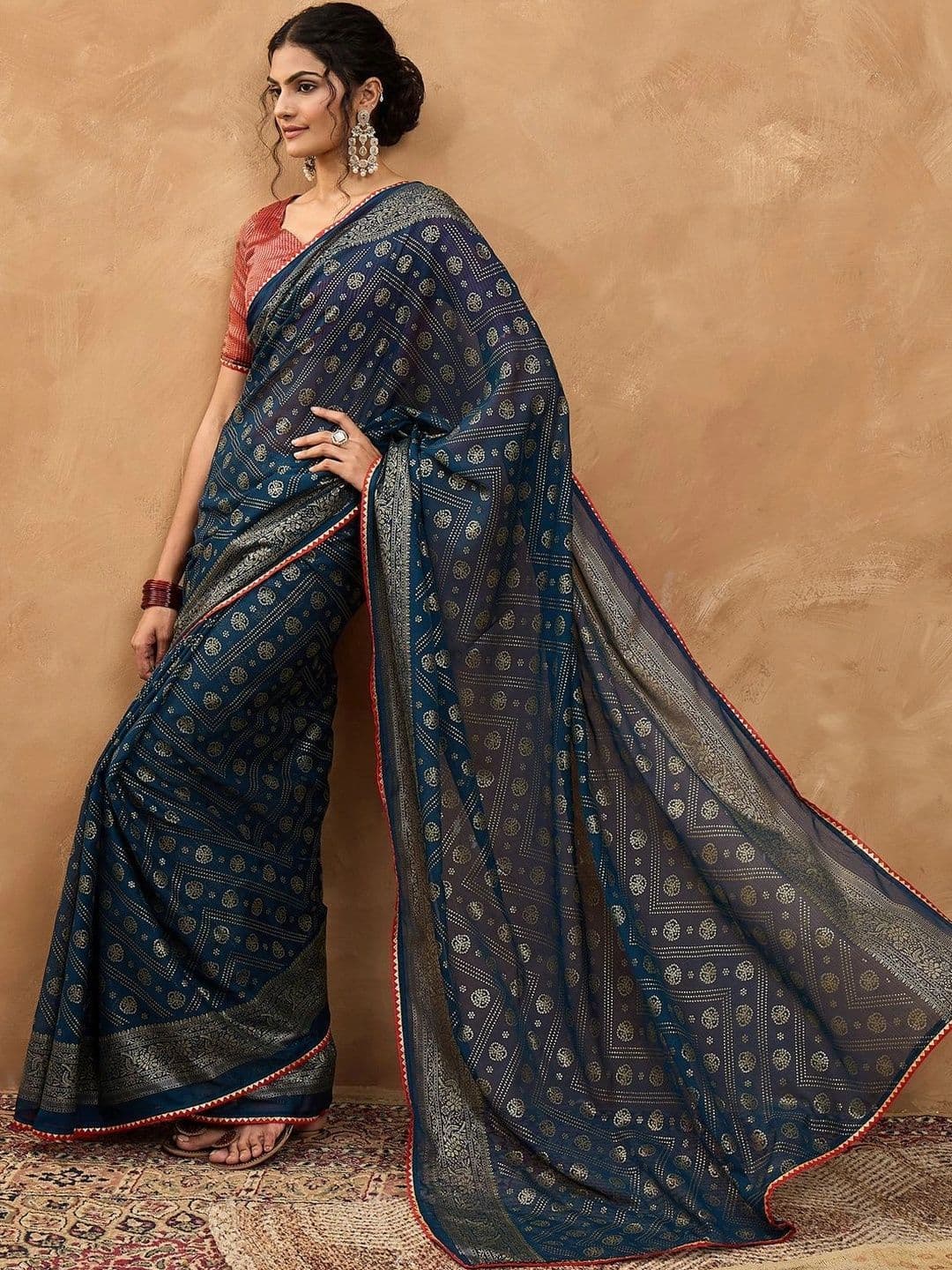 Sangria Embellished Zari Poly Chiffon Designer Bandhani Saree thumbnail 6