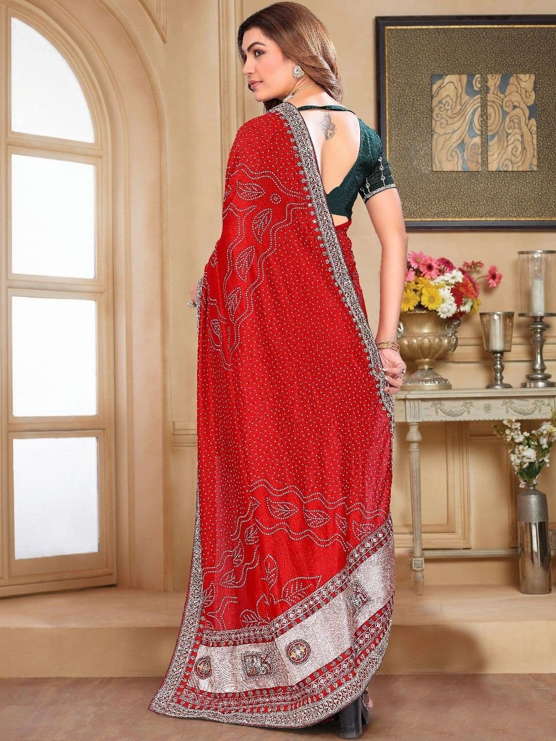 SmileyFashion Bandhani Embroidered Art Silk Designer Saree thumbnail 4