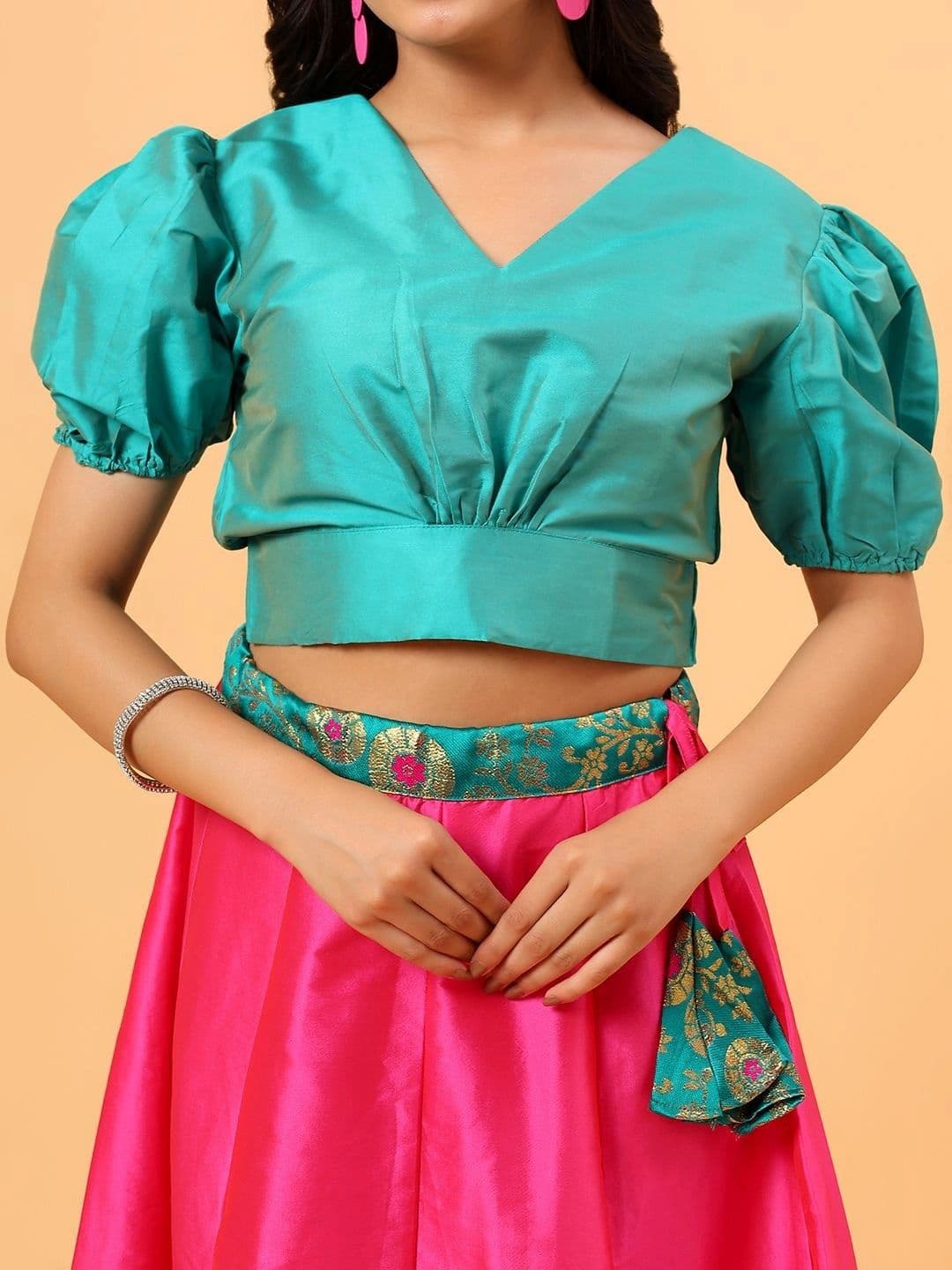 Frolic Rolic Floral Silk Border Skirt & Solid Silk Blouse Set thumbnail 3