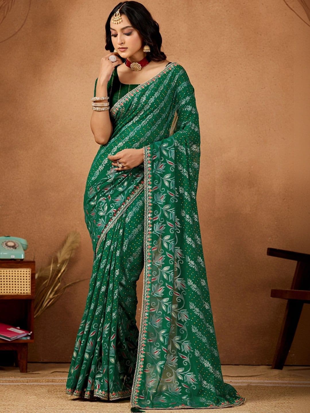 KALINI Floral Gotta Patti Poly Georgette Designer Bandhani Saree - view 1