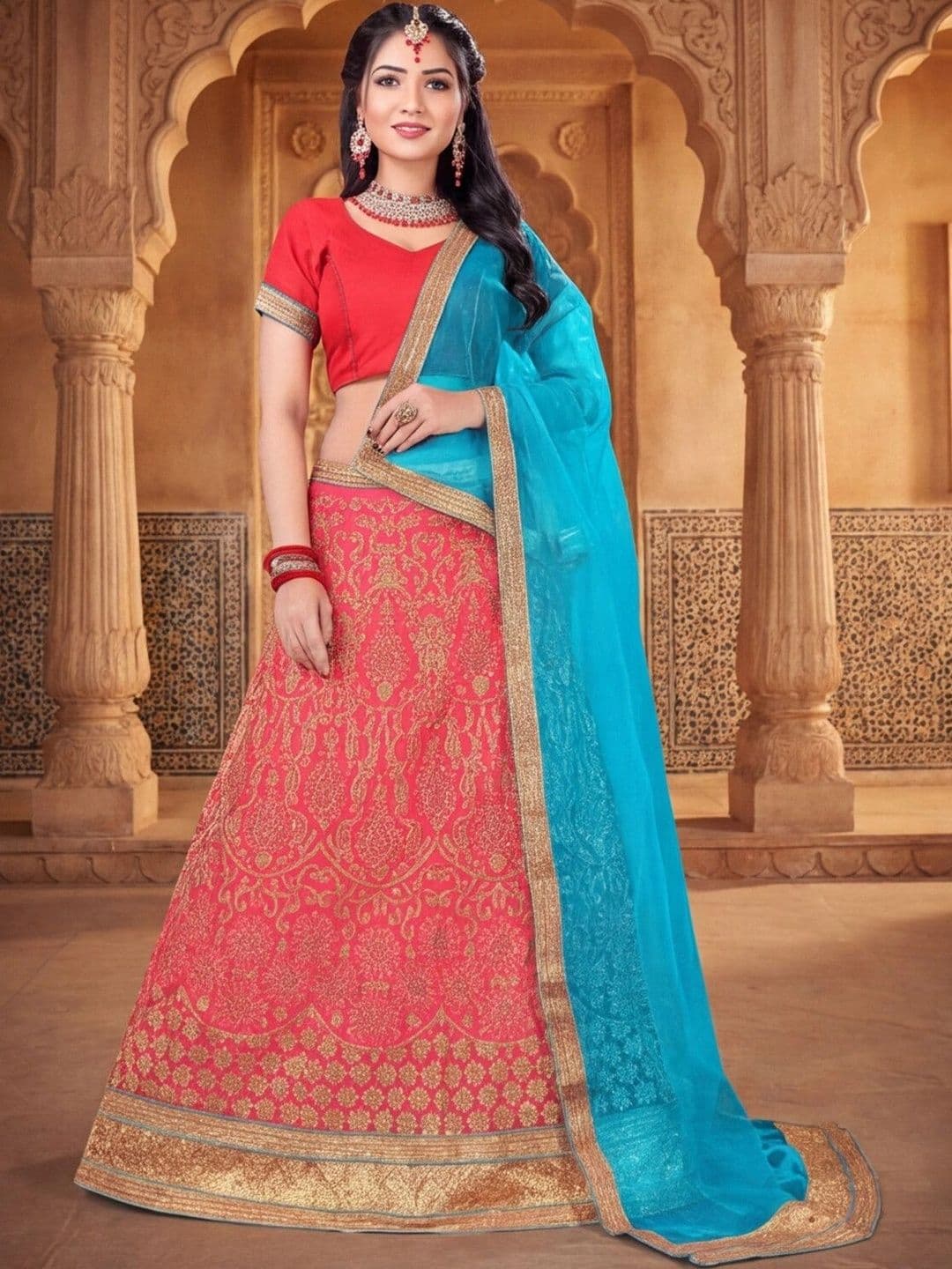 Mitera Embroidered Semi-Stitched Lehenga & Unstitched Blouse With Dupatta thumbnail 6