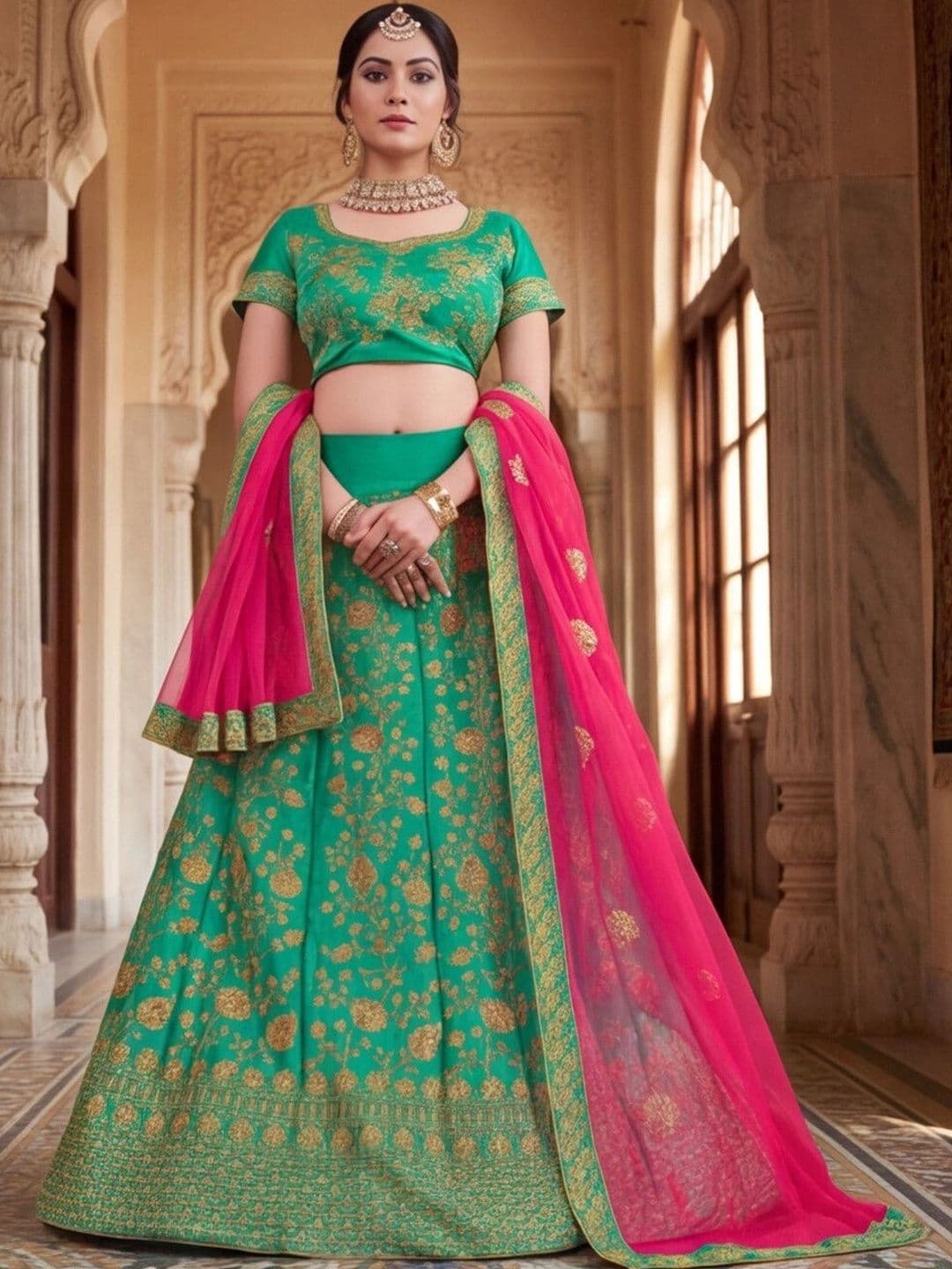 Mitera Embroidered Semi-Stitched Lehenga & Unstitched Blouse With Dupatta thumbnail 4
