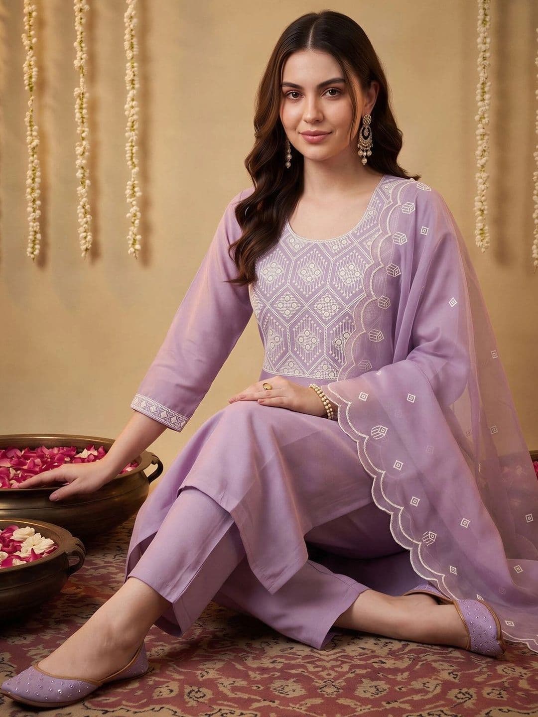 Indo Era Women Ethnic Motifs Embroidered Regular Thread Work Kurta with Trousers & With Dupatta thumbnail 2